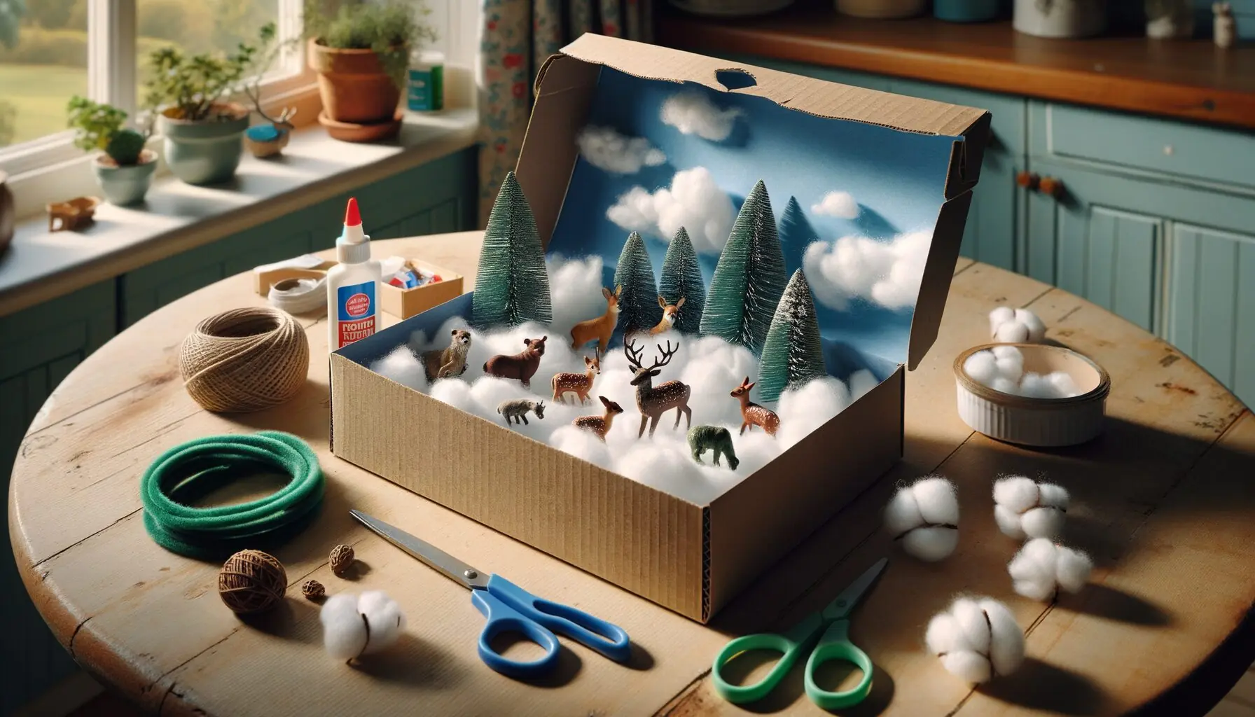 Generate an image showing a table with crafting materials including a shoebox, cotton balls, twigs, and small animal figures.