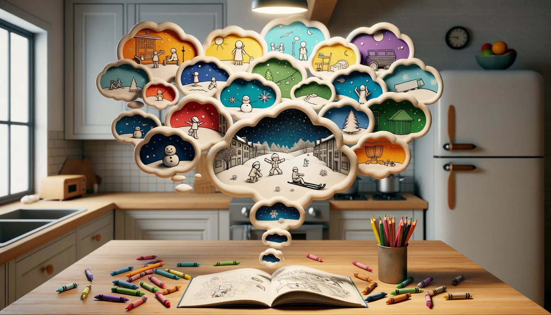 Generate an image of colorful thought bubbles showing little scenes, sparked by a child's imaginative discussion.