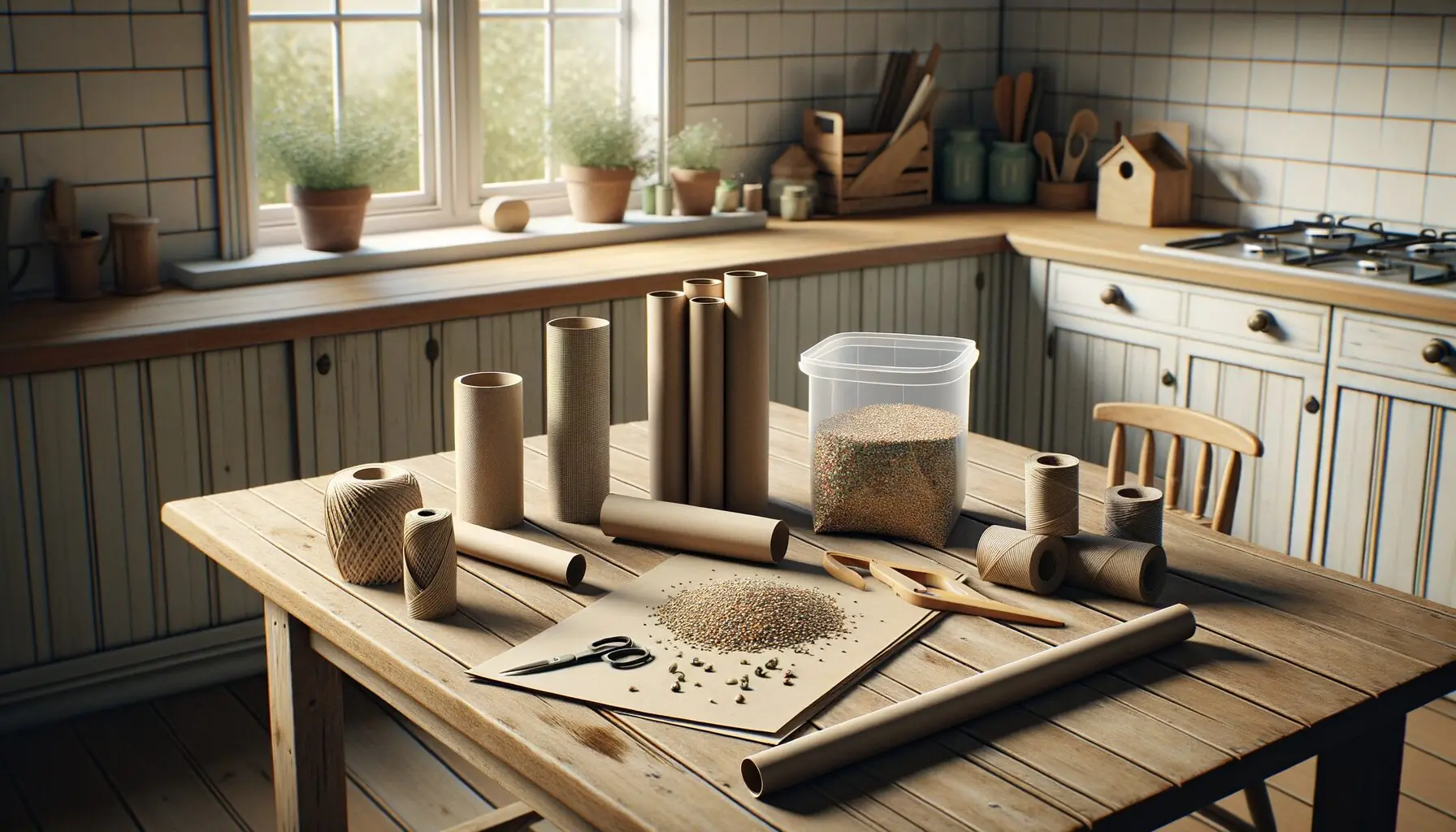 Generate an image of a collection of biodegradable materials and recycled plastics, like paper rolls and birdseed, on a wooden table.