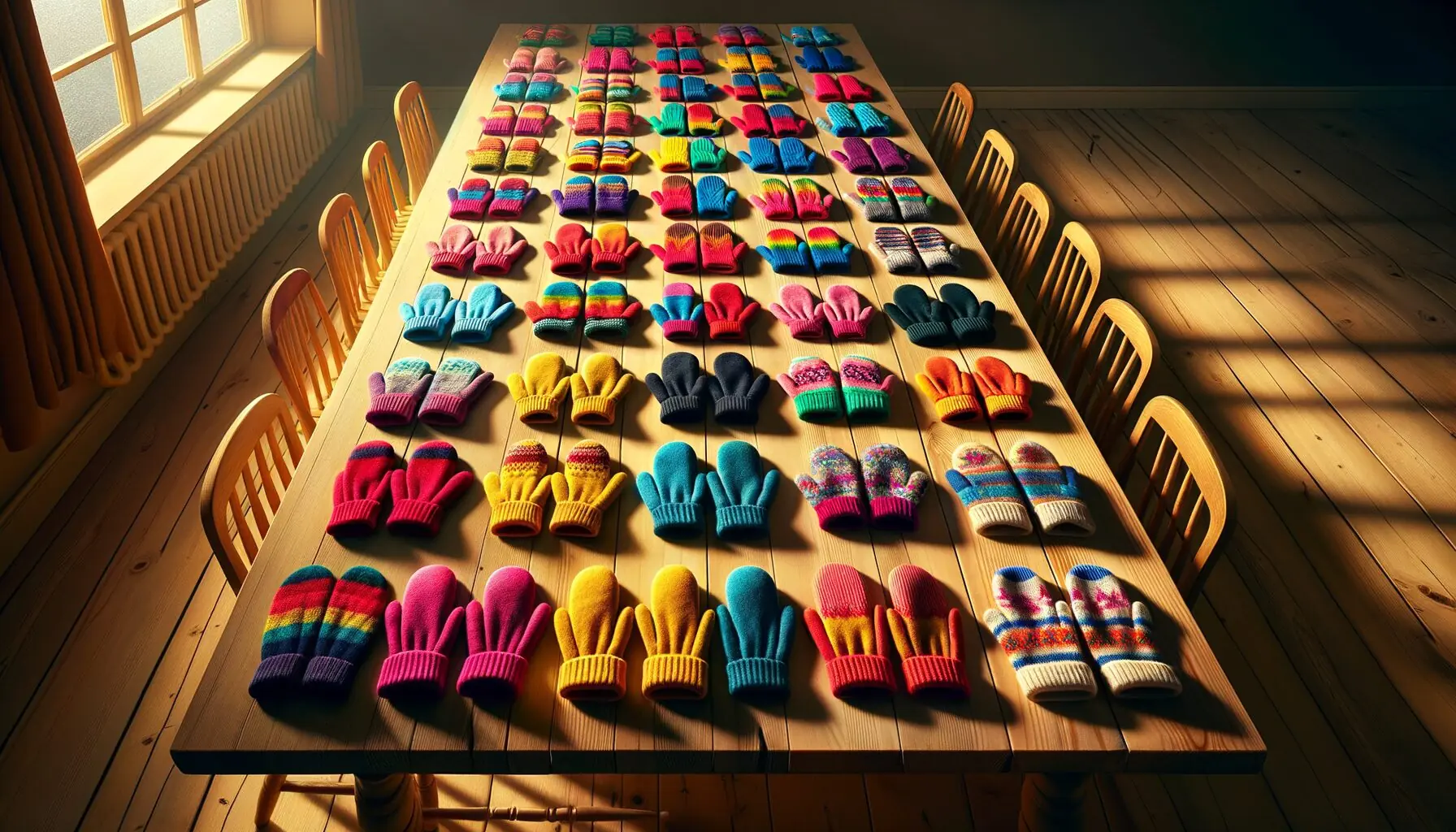 Generate an image of neatly aligned pairs of mittens in various colors on a wooden table.