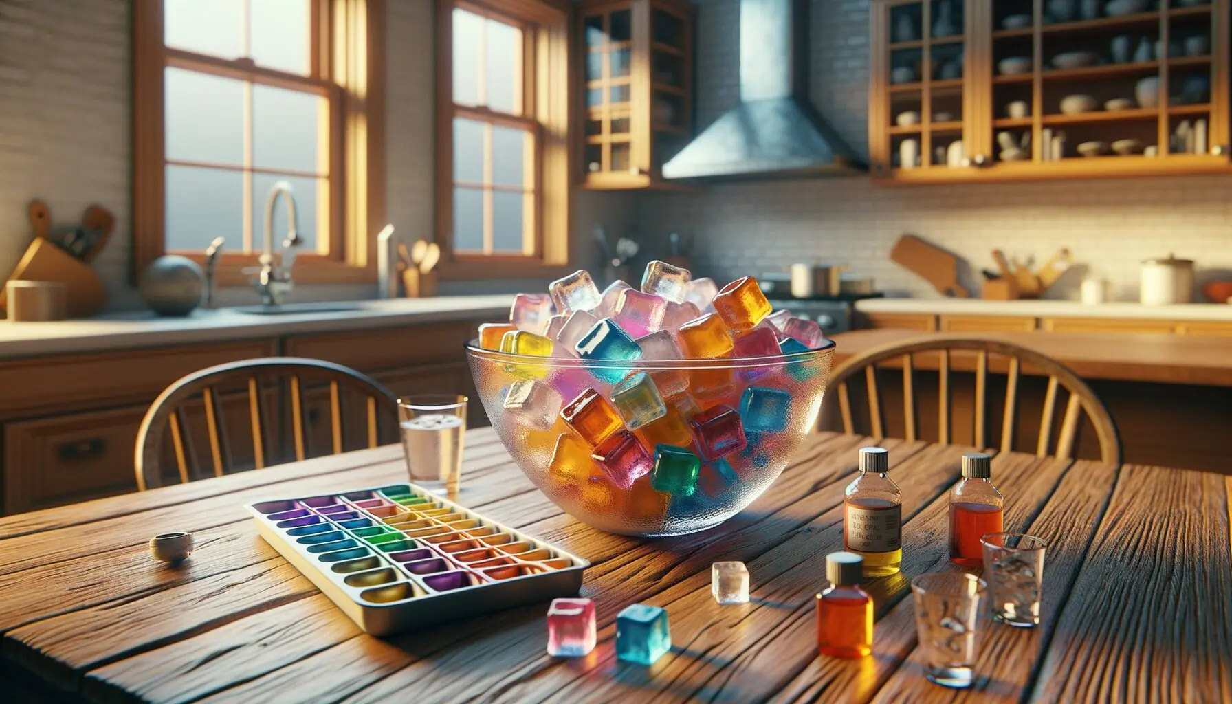 Generate an image of colorful ice cubes being placed in a bowl to create a sculpture.