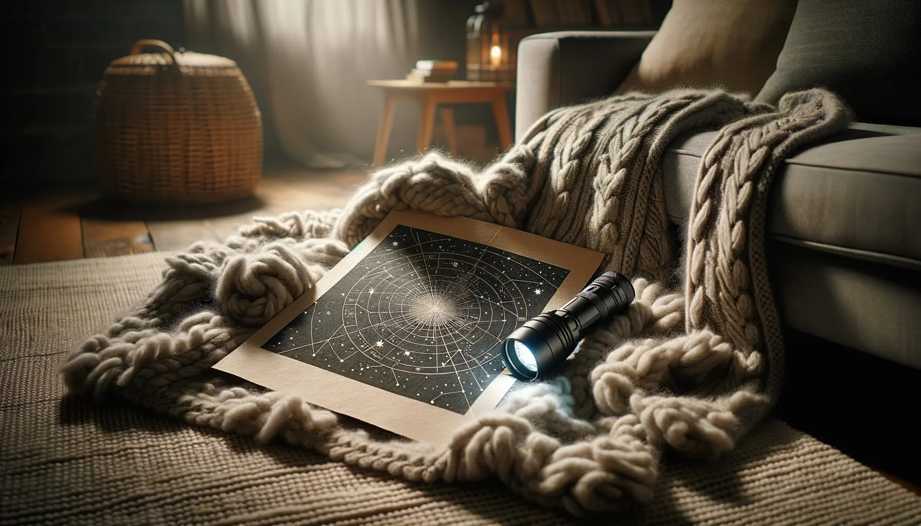 Generate an image of a simple star map and a flashlight on a cozy blanket.