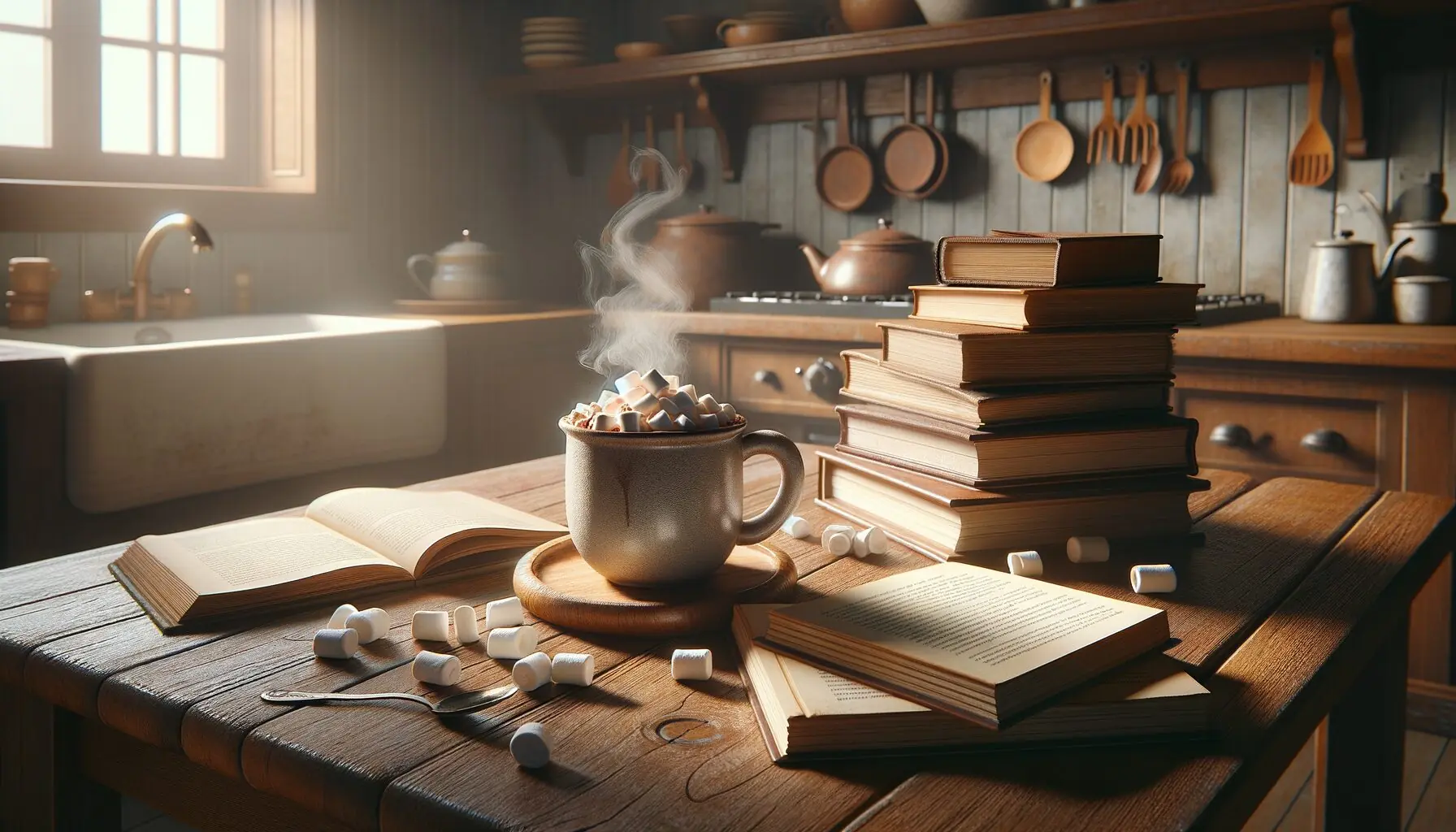 Generate an image of a cozy kitchen table with a steaming mug of hot chocolate and marshmallows surrounded by storybooks.
