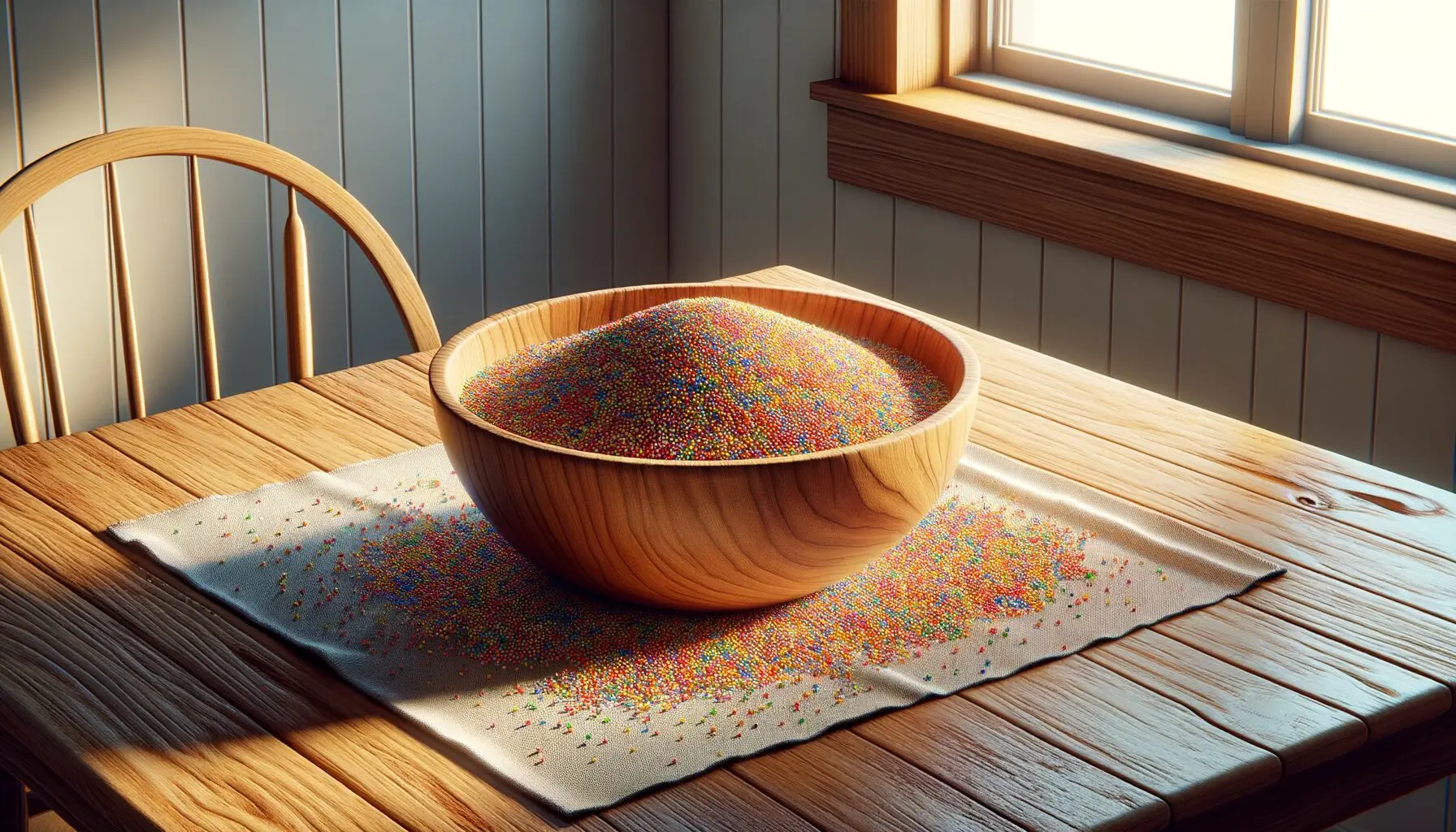 Generate an image of a young child and parent hands, not shown, with colorful sprinkles in a wooden bowl.