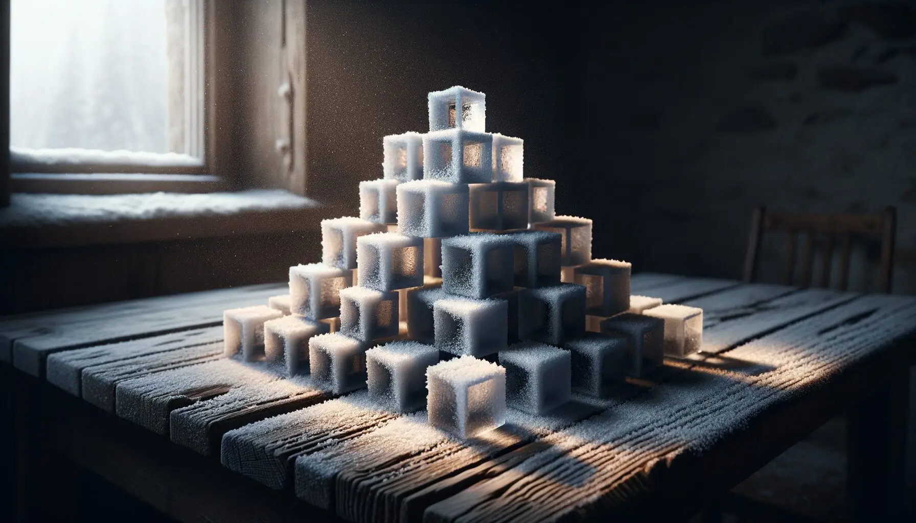 Generate an image of snow-covered geometric shapes arranged on a flat surface.