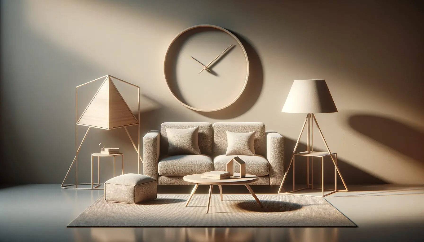 Generate an image that captures a living room setting dotted with objects of various shapes, such as a round clock, square cushion, and a triangular book stand, highlighting the geometry.