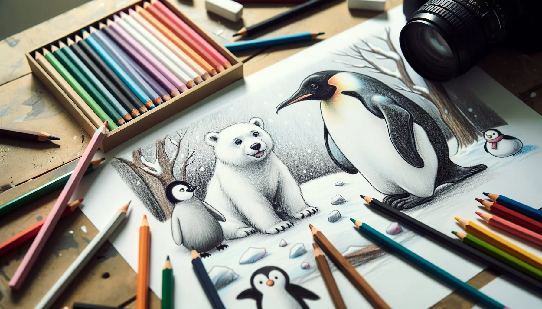 Generate an image depicting children's drawings of winter animals, with a polar bear and penguin scene.