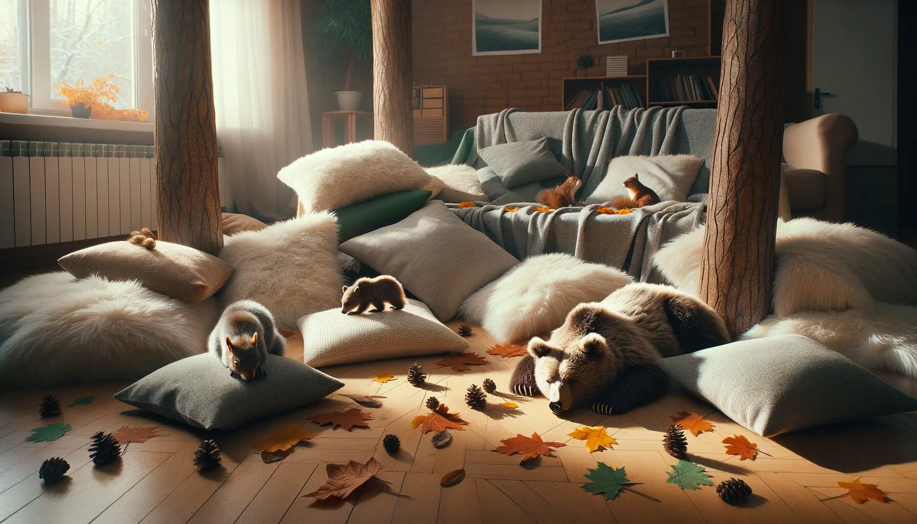 Generate an image of a snowy forest with trees labeled for different hibernating animals like bears and squirrels.