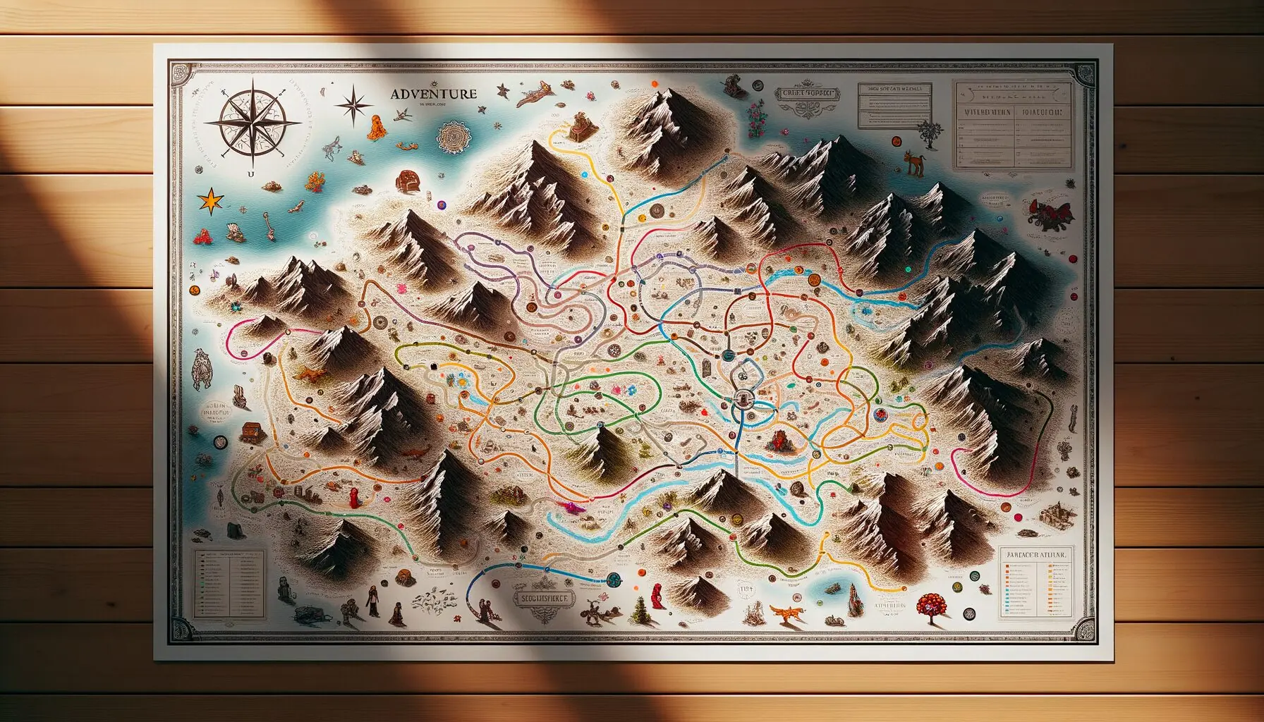 Generate an image of a completed adventure map adorned with routes and landmarks, lying on a wooden surface with playful decorations.