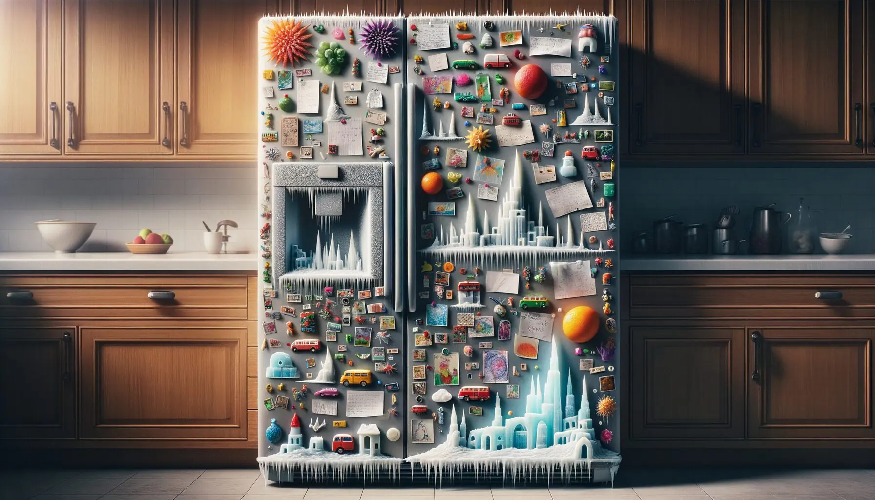 Depict an empty refrigerator door adorned with drawings and snapshots of icy constructions.