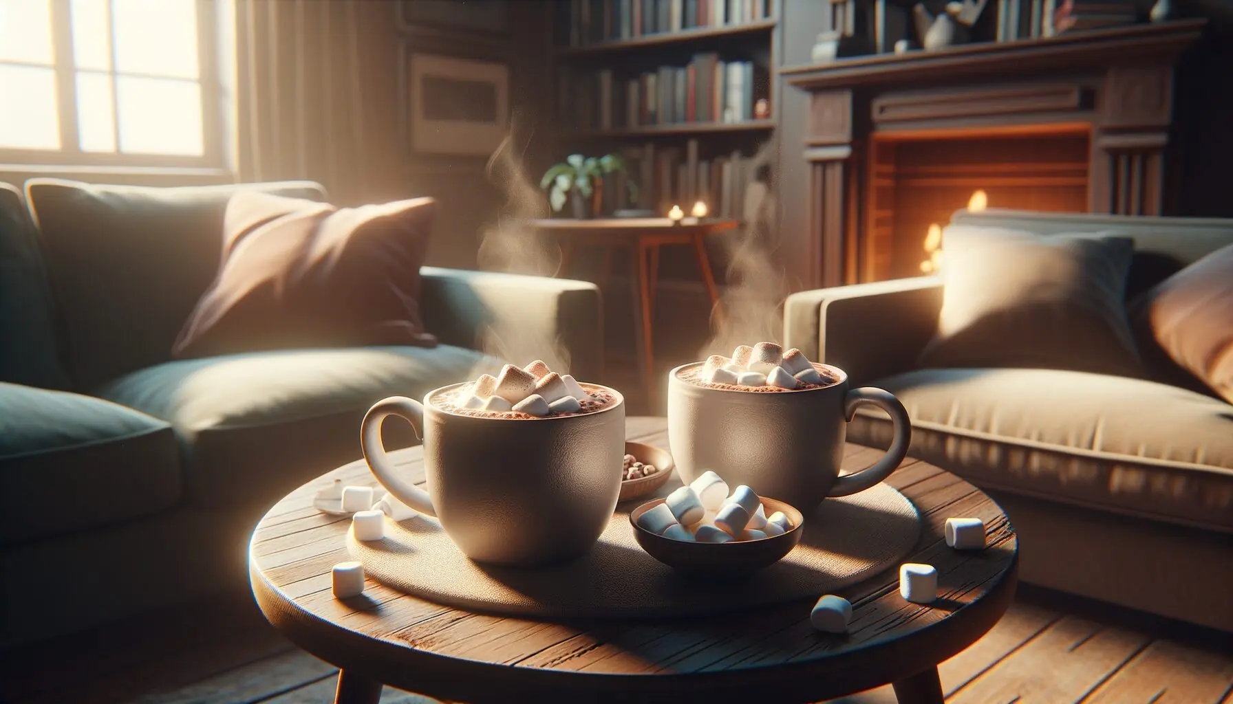 Generate an image of a cozy living room scene with a parent and child sharing hot chocolate, focusing on steaming mugs and marshmallows.