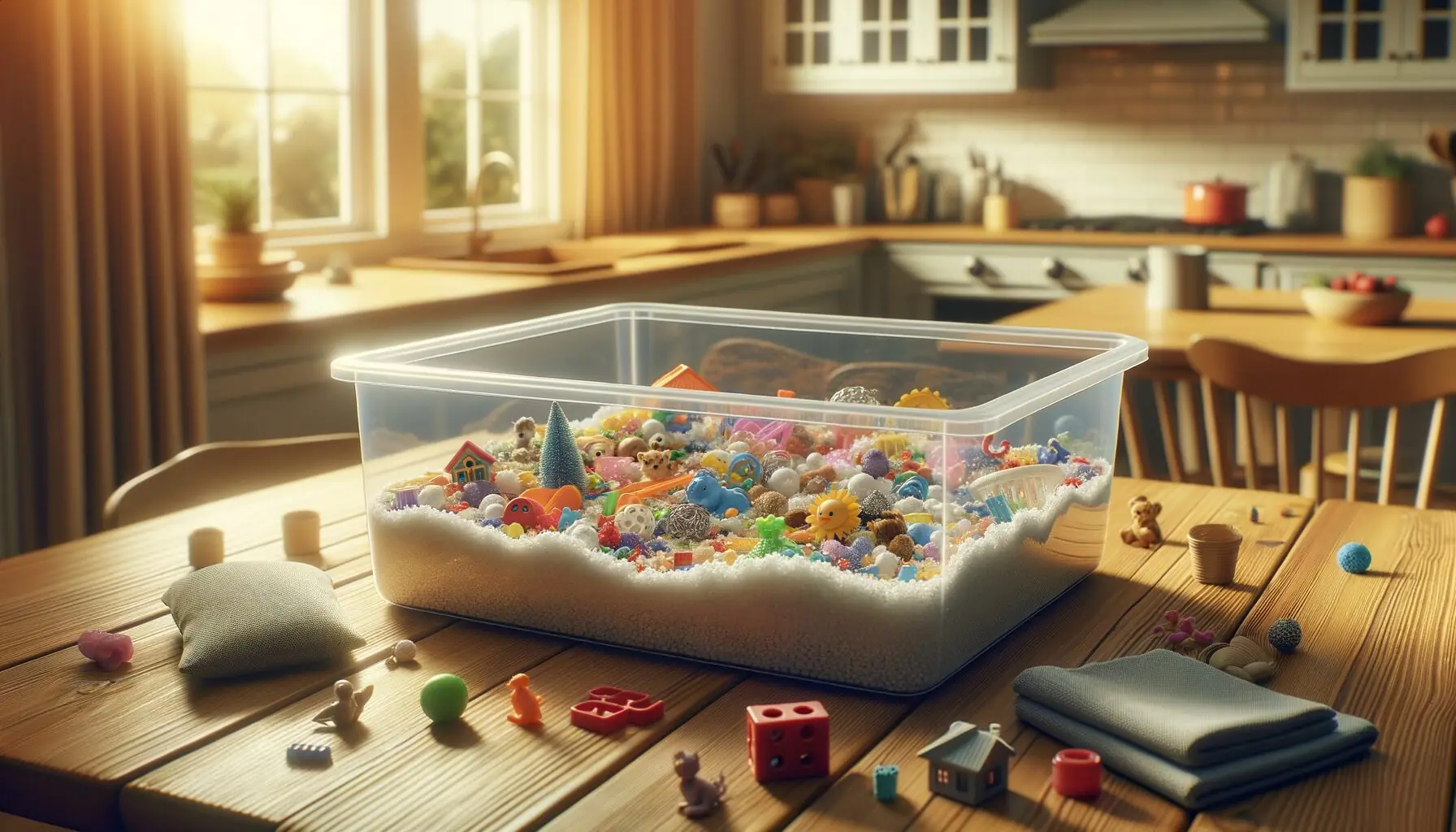 Generate an image of a plastic bin filled with fake snow and small colorful objects.