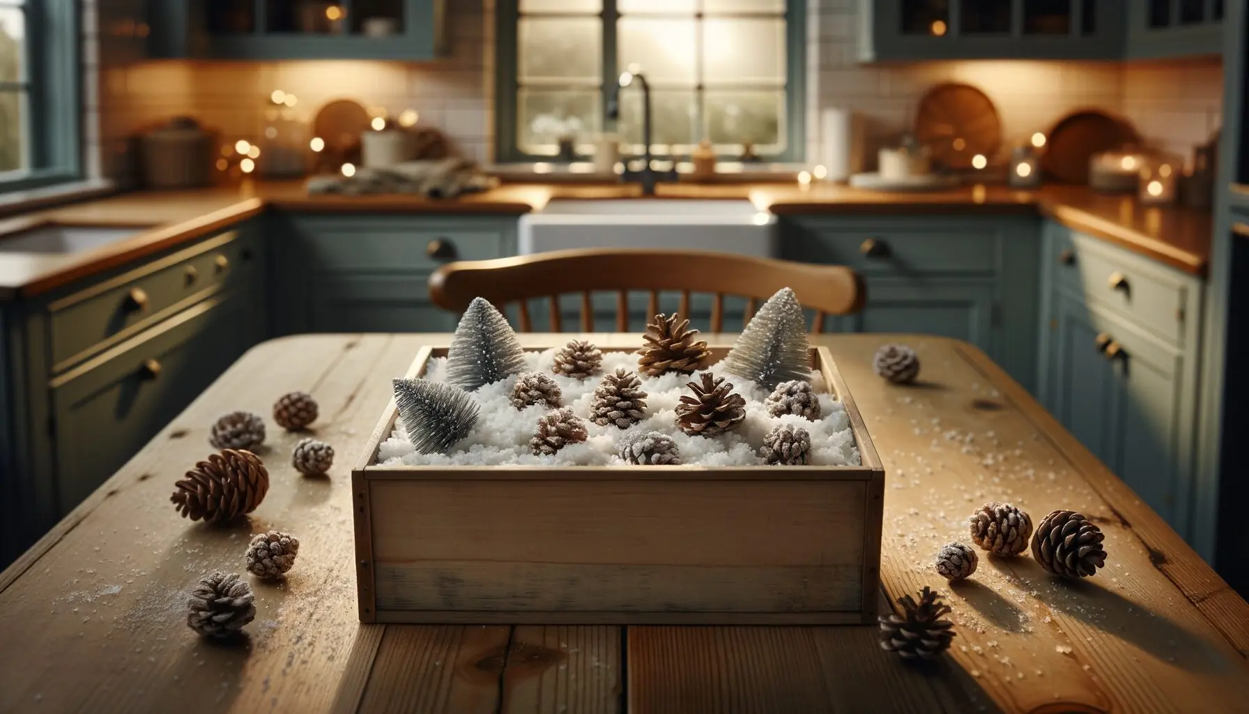 Generate an image of a child's hand exploring a sensory bin with artificial snow and small pinecones.