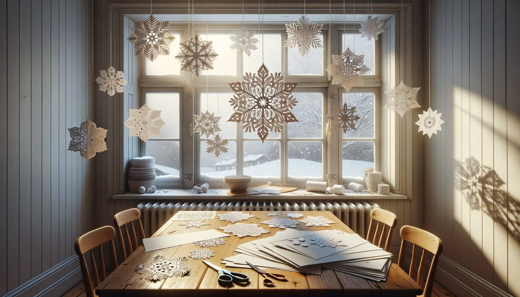 Imagine a cozy family setting in front of a window with snow falling outside, featuring cut-out symmetrical snowflakes hanging as décor.