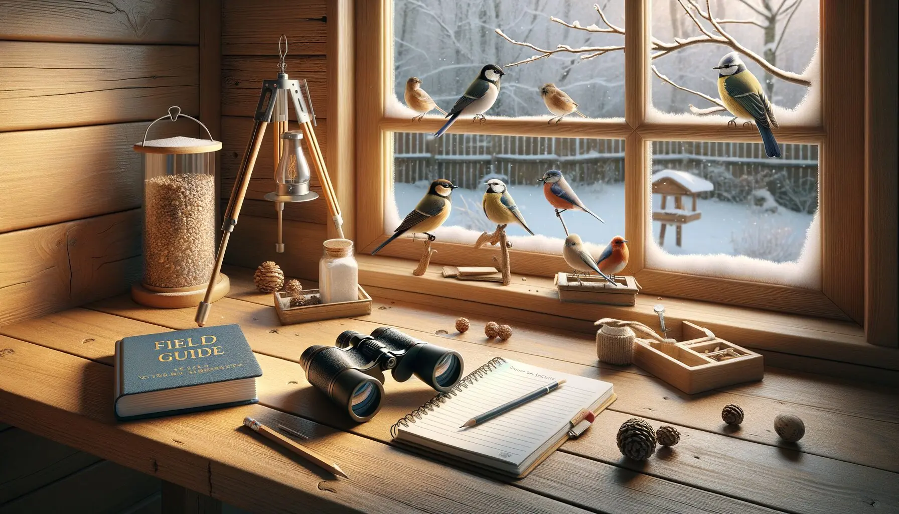 Generate an image of a winter scene with children happily watching birds with binoculars, showcasing a diverse bird population.