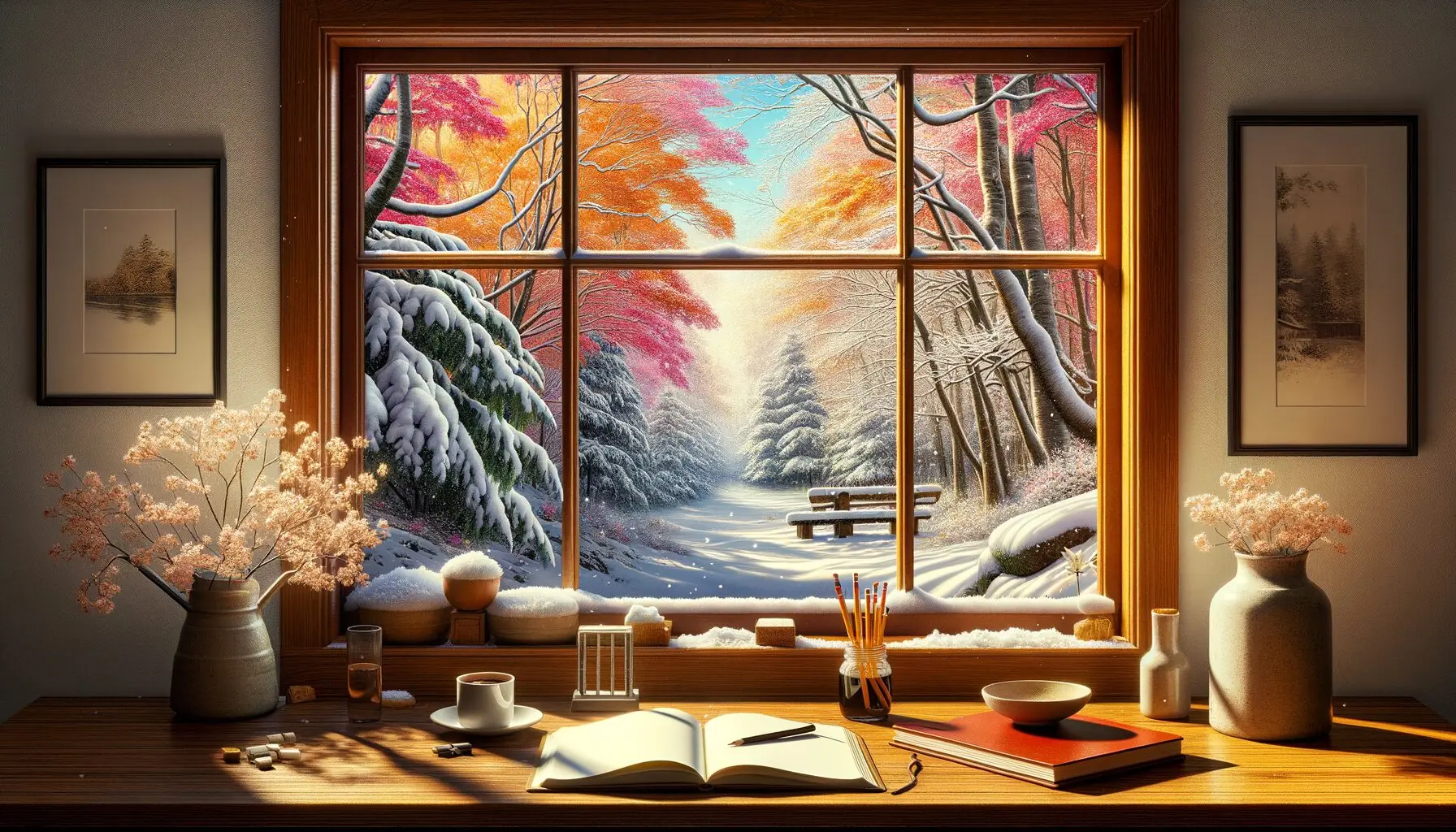 Generate an image of colorful nature scenes with snow-covered trees and falling snowflakes.