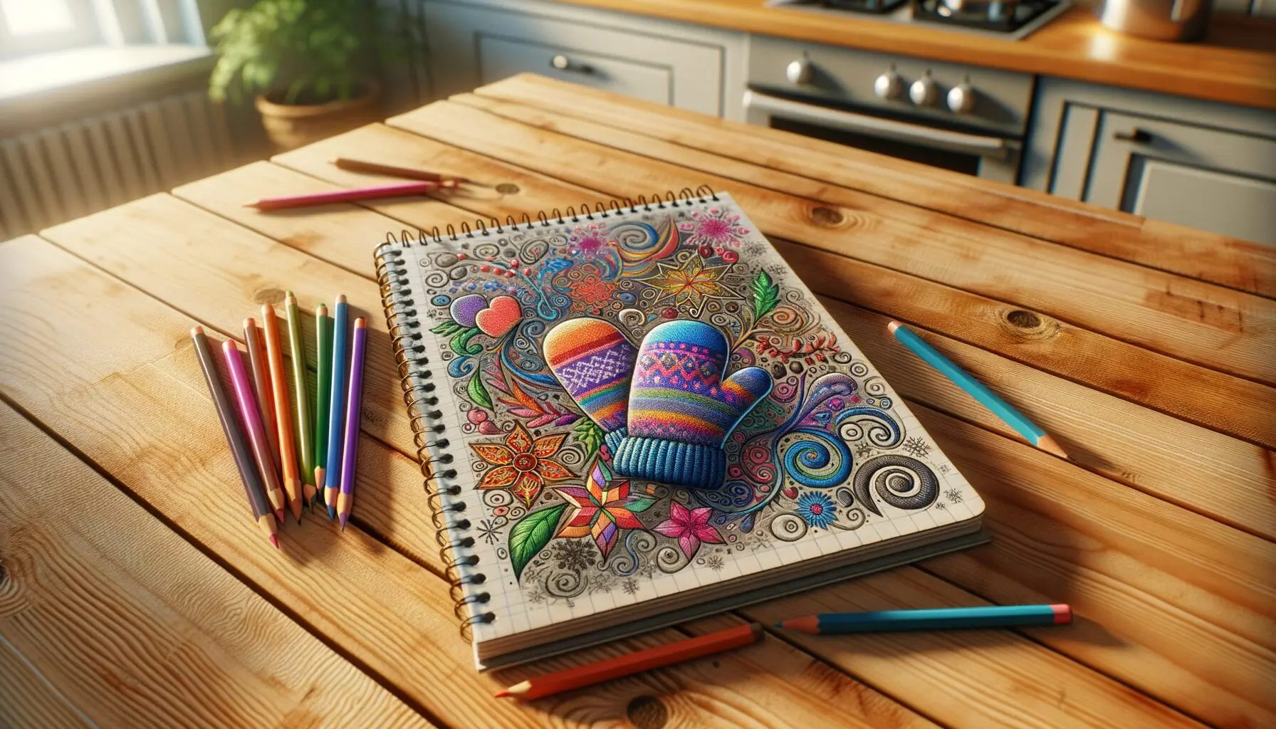 Generate an image of a notepad with colorful doodles of mittens, snowflakes, and musical notes.