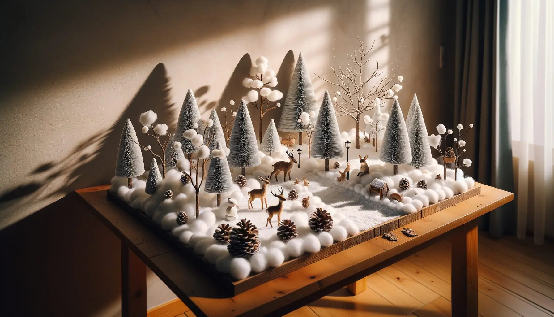 Generate an image of a snow-covered forest with illustrated animals peeking through the trees.