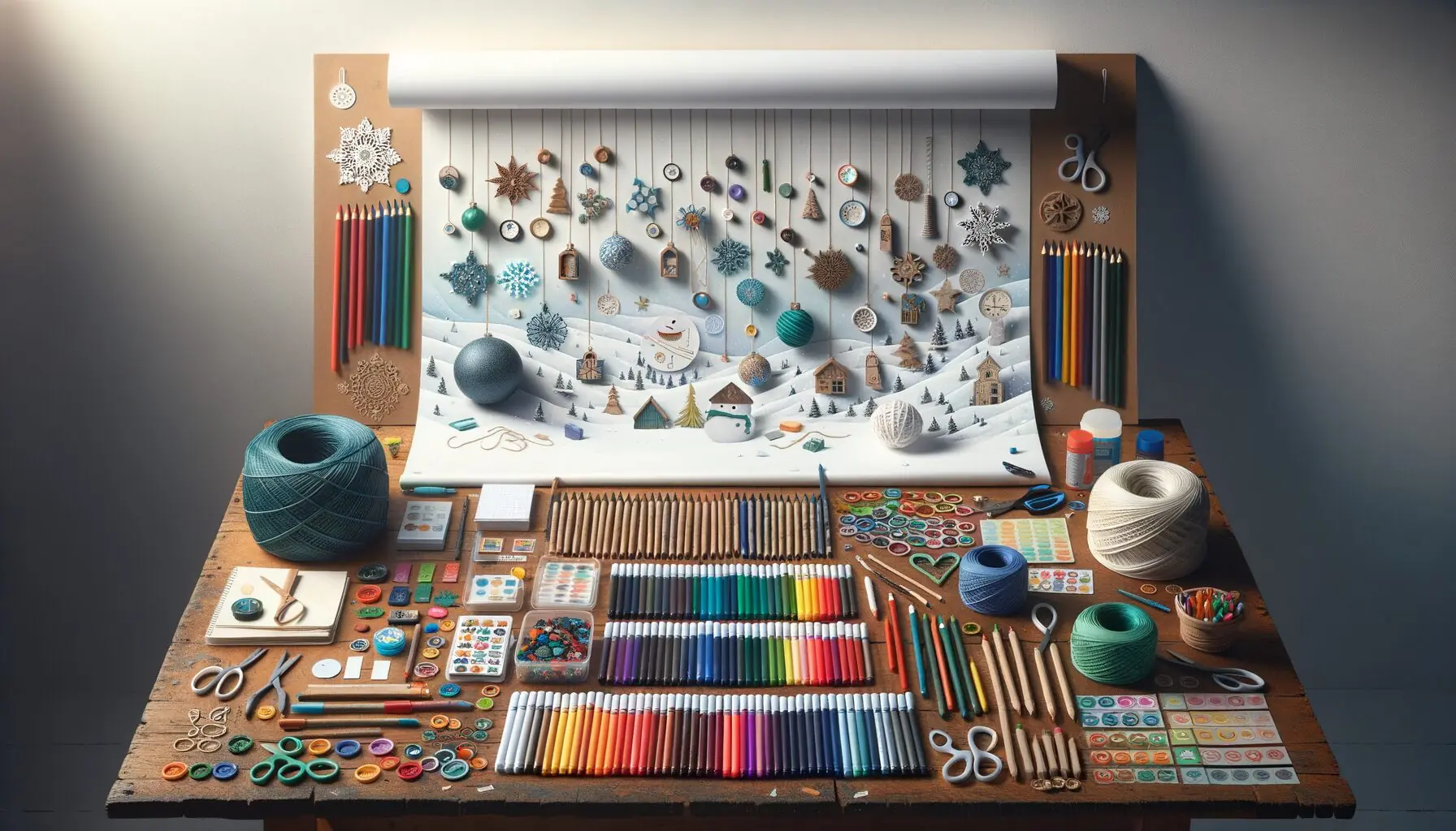 Generate an image of DIY map-making materials: markers, crayons, stickers, paper, and string laid out on a table, ready for a creative session.