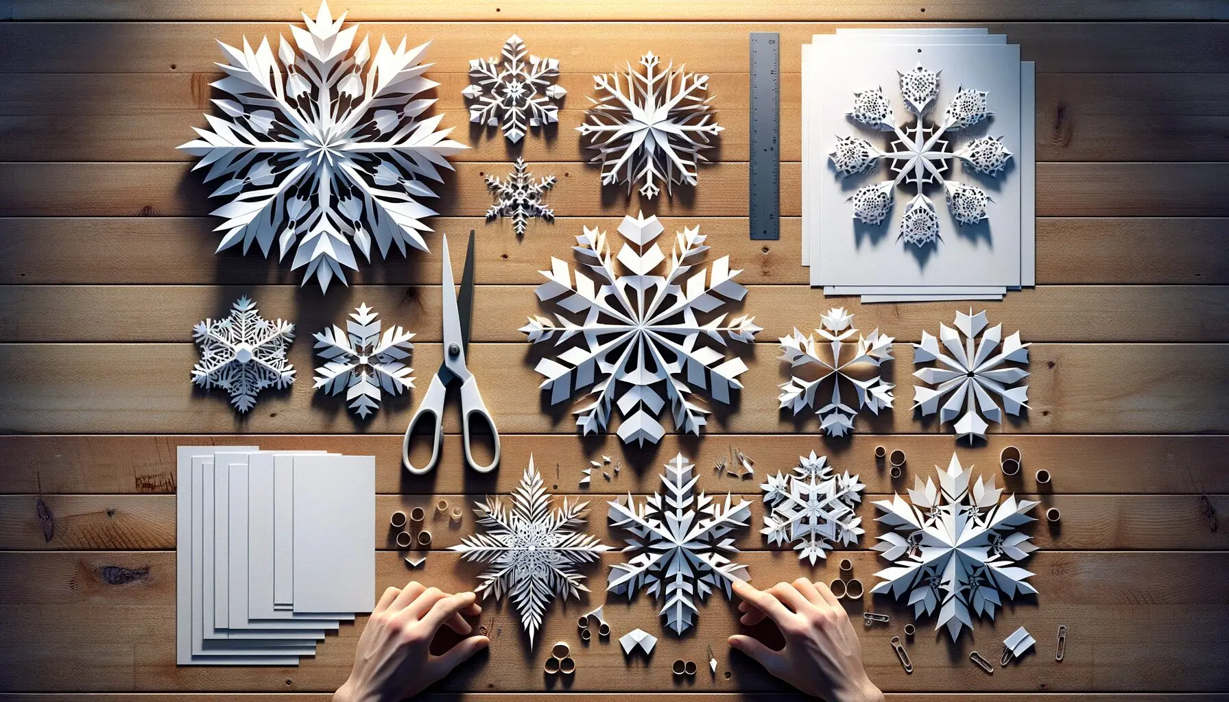 Generate an image of paper snowflakes in various stages of cutting on a wooden table.