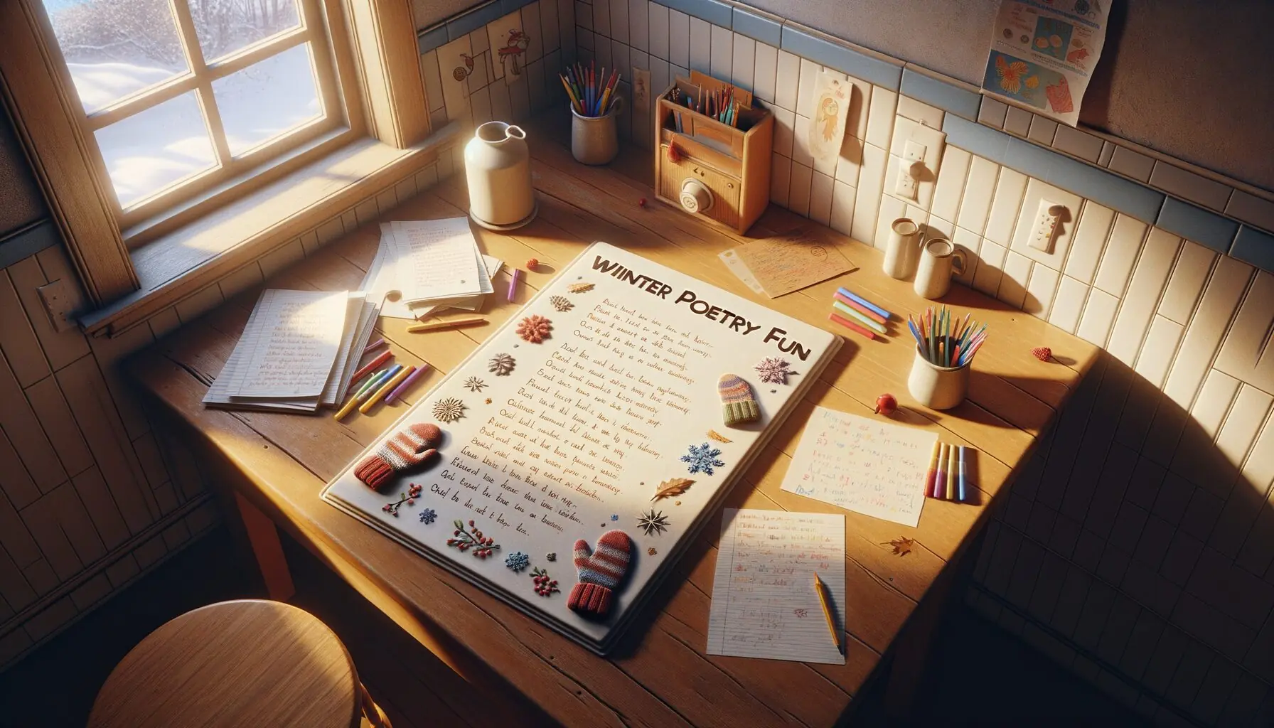 Generate an image of a scrapbook page with handwritten haikus and decorated borders.