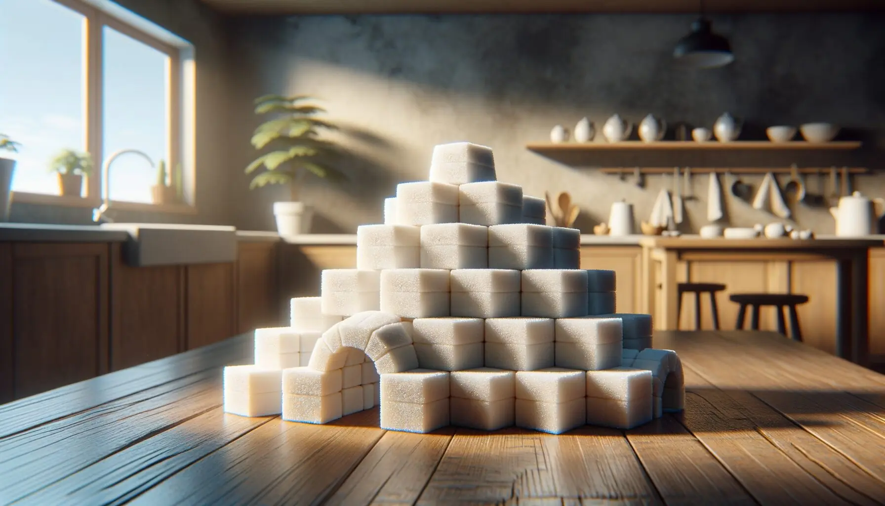 Generate an image of small igloos made from sugar cubes on a table.