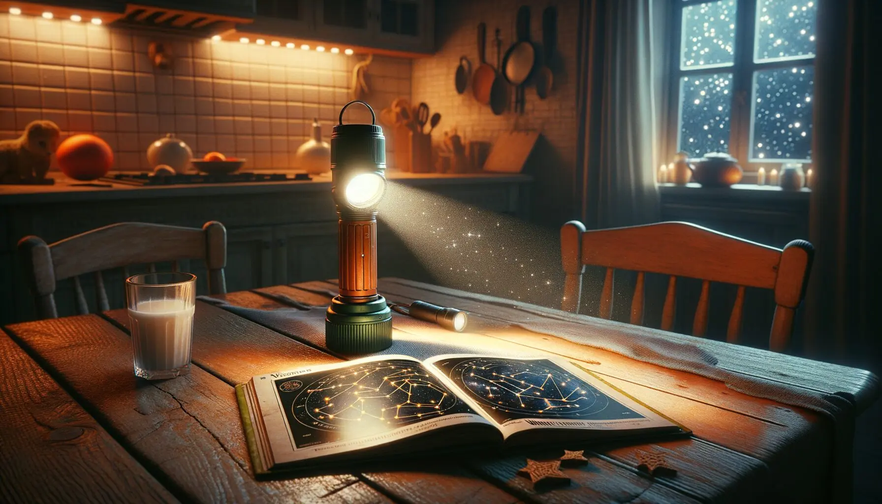 Generate an image of a child pointing at stars in the sky with a flashlight on a winter night.