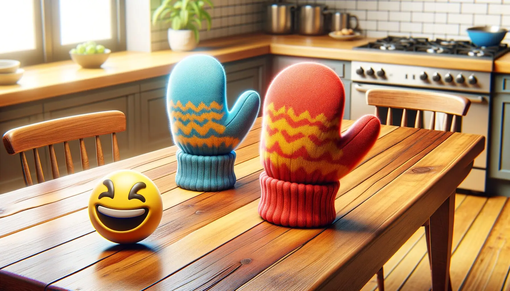 Generate an image of a giggling emoji with mittens sliding around in a friendly tumble across a table.