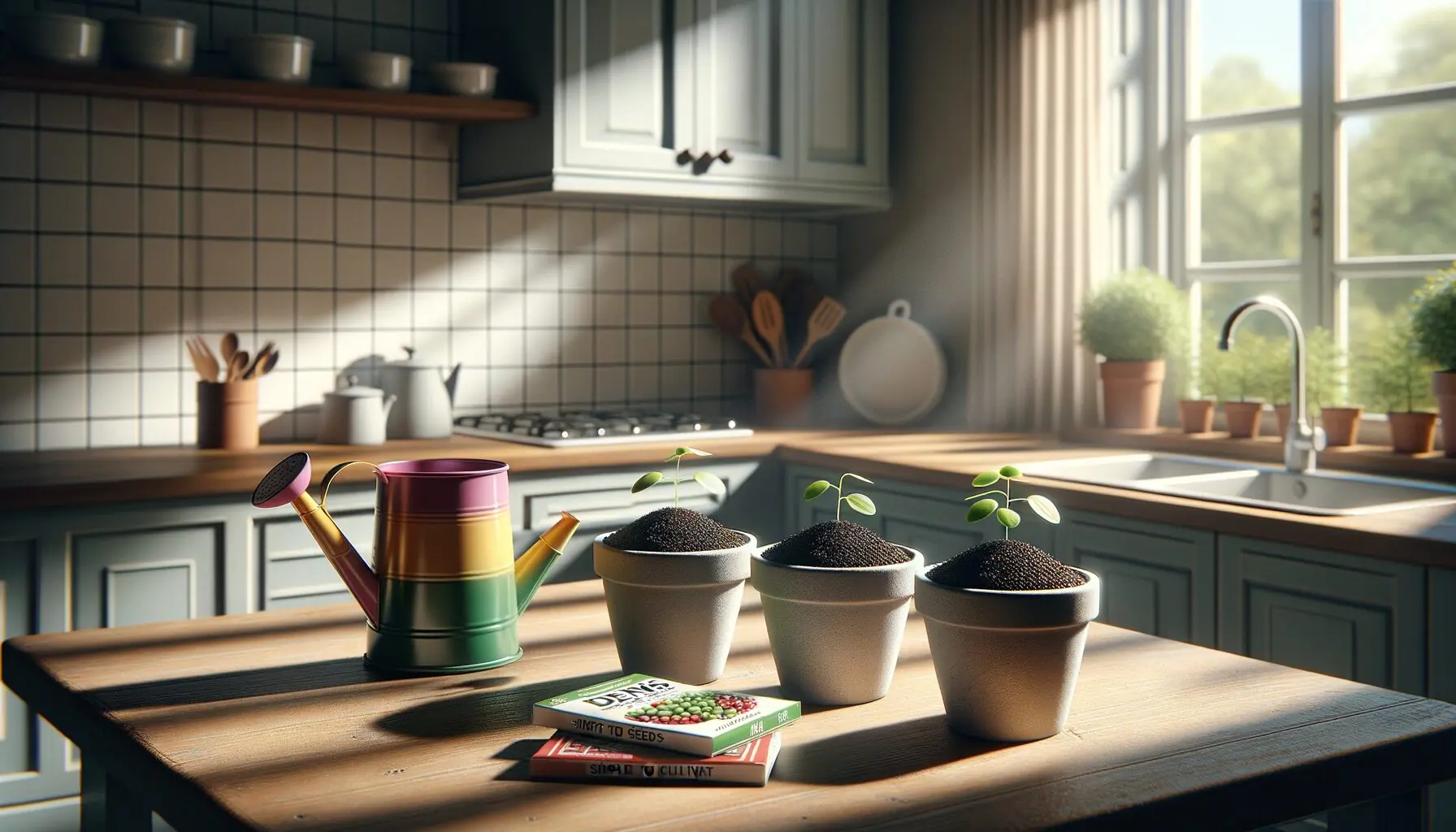 Generate an image of a small wooden table with pots, various seeds, and a watering can arranged for planting.
