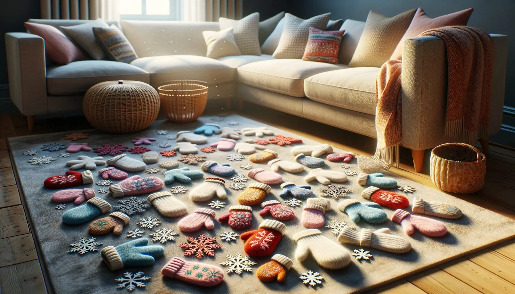 Visualize an image of a happy family with a pretend setting of mittens and snowflakes playfully interacting (no people, just mittens and snowflakes represented in a lively atmosphere).