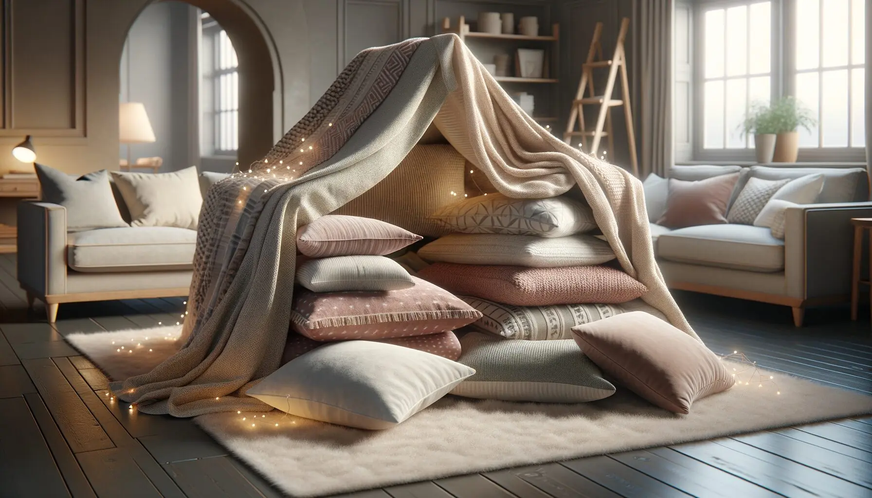 Generate an image of a cozy blanket and pillow structure set up as a child's fort in a living room.