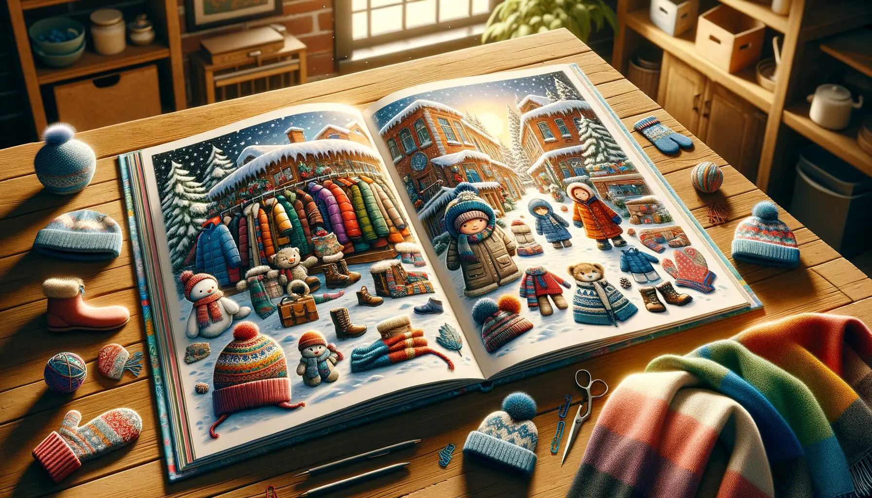 Generate an image of a child-focused picture book illustrated with scenes of winter clothing and snow.