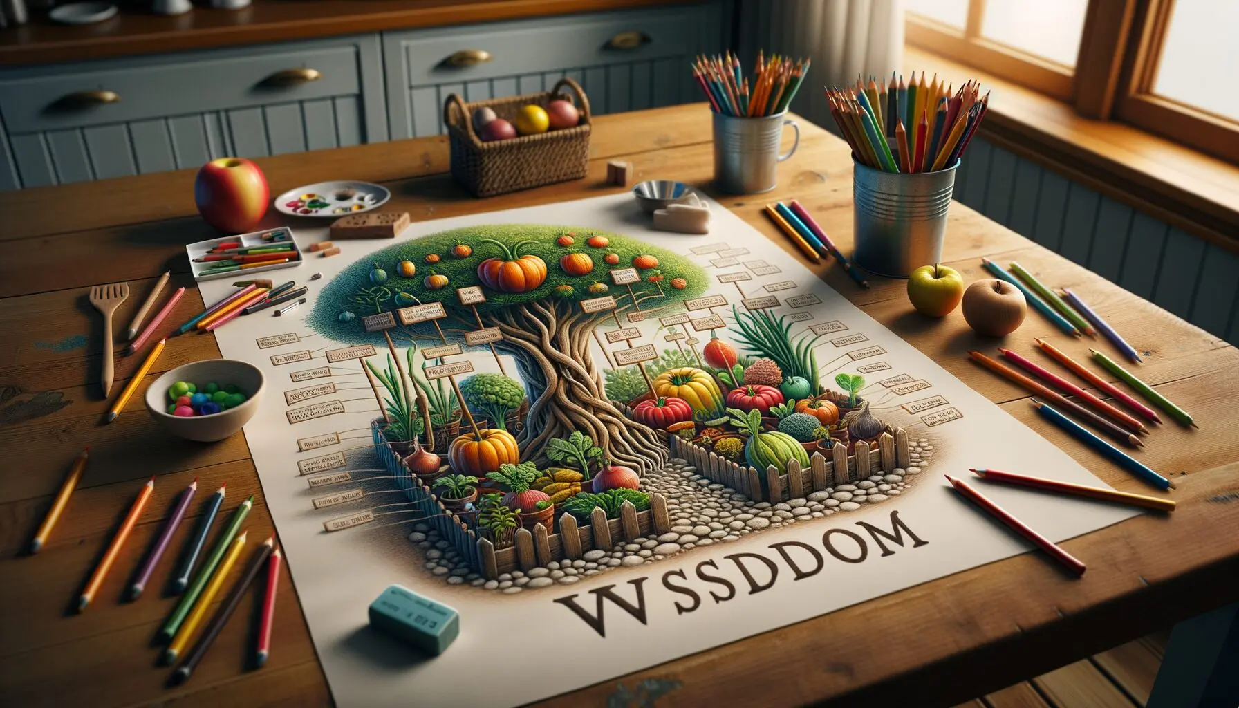 Generate an image of a child's playful drawing of a vegetable garden growing wisdom with little signs.