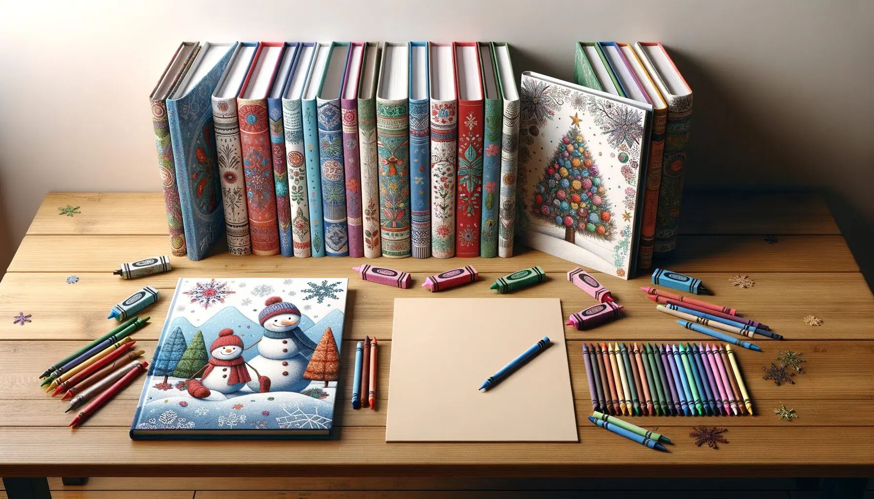Generate an image of colorful children's books scattered with crayons and paper around it, on a tabletop.