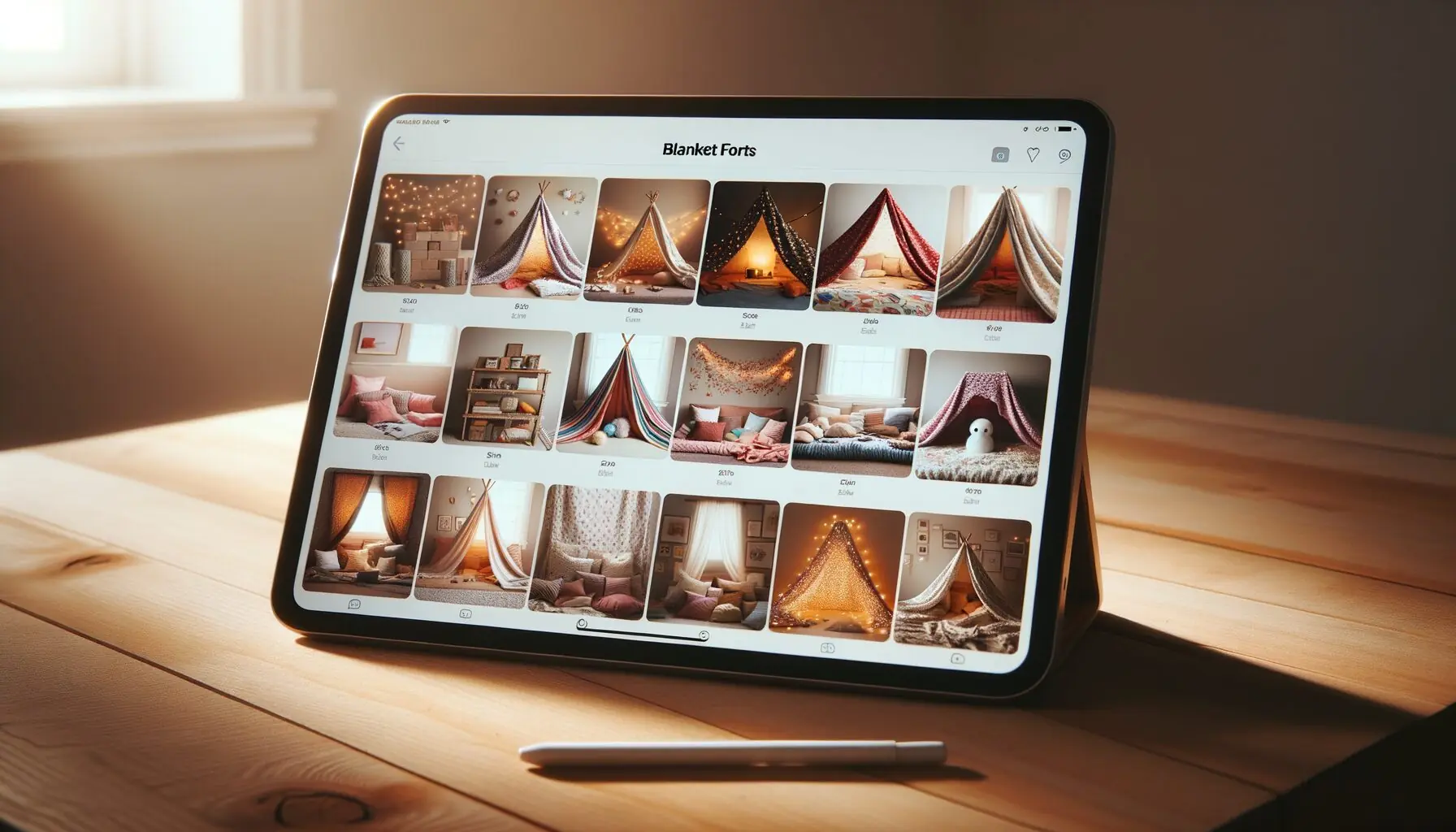 Generate an image of an online photo album of different creative blanket forts, showcasing various designs and colors.