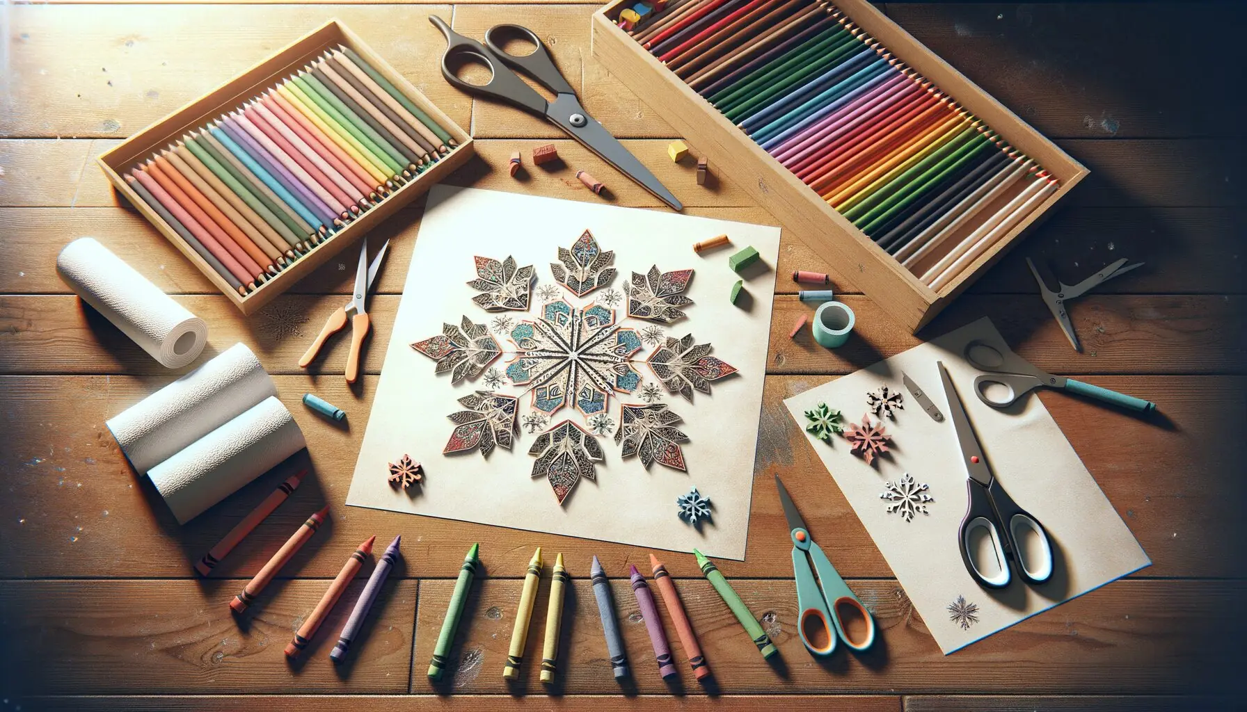 Generate an image of a completed paper snowflake pattern with crayon decorations in the foreground.