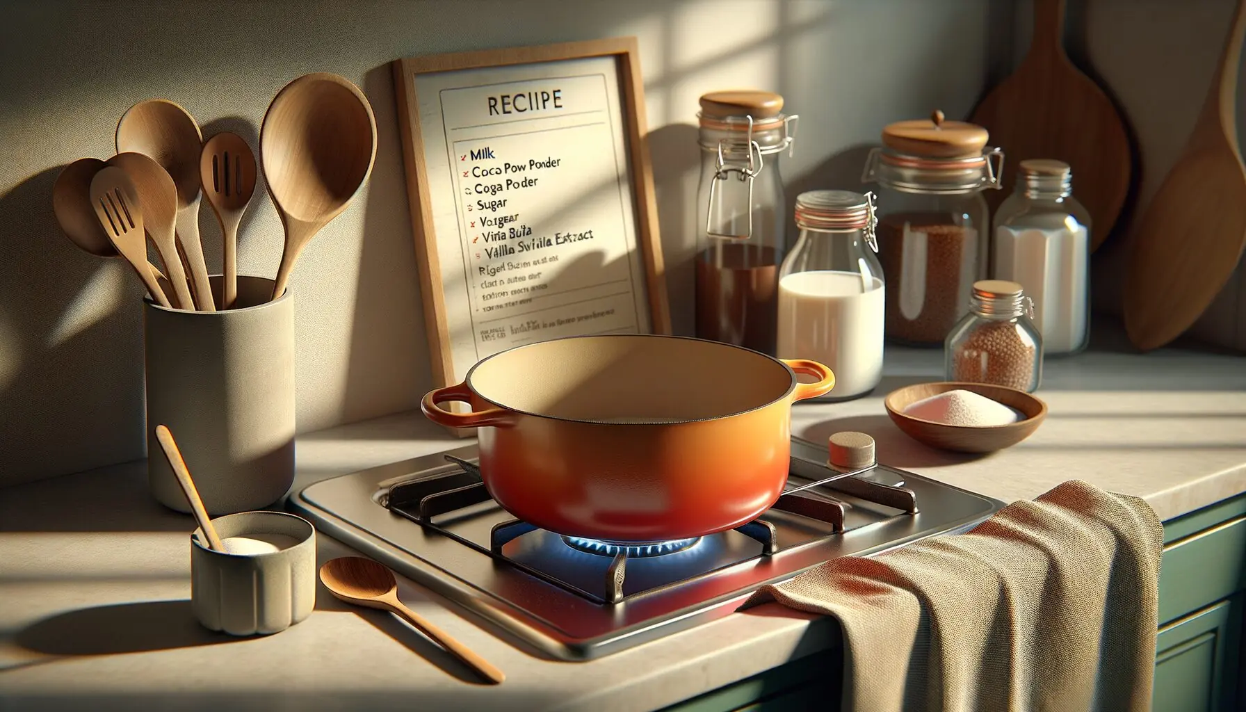 Generate an image of a quaint stovetop with a colorful pot and wooden spoon next to a recipe card.