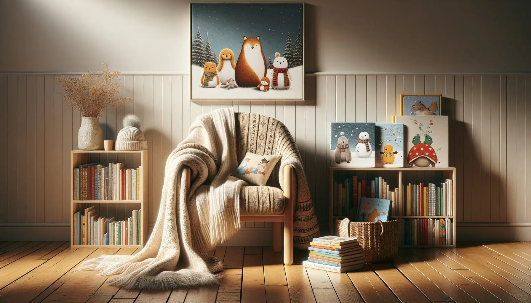 Generate an image of a warm storytelling nook, complete with a cozy blanket and a stack of colorful picture books.