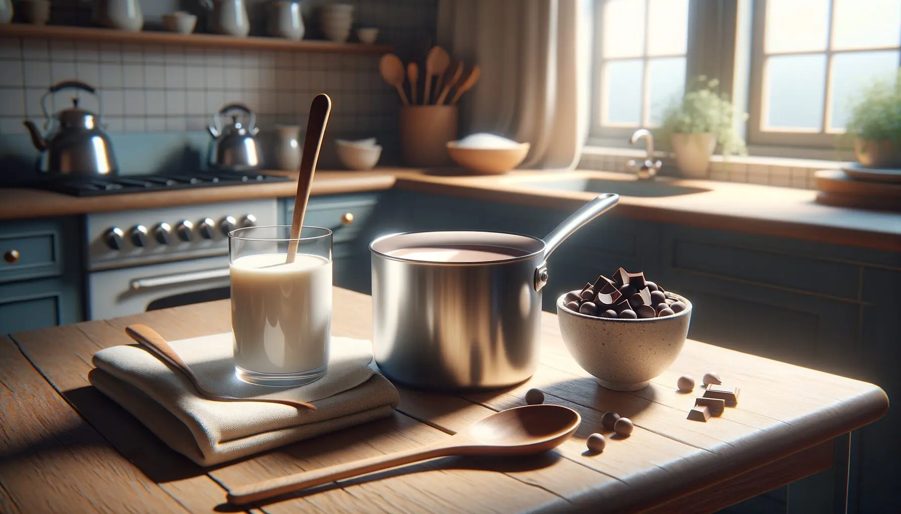 Generate an image showing various kitchen items like a small saucepan, a wooden spoon, and chocolate chips on a countertop.