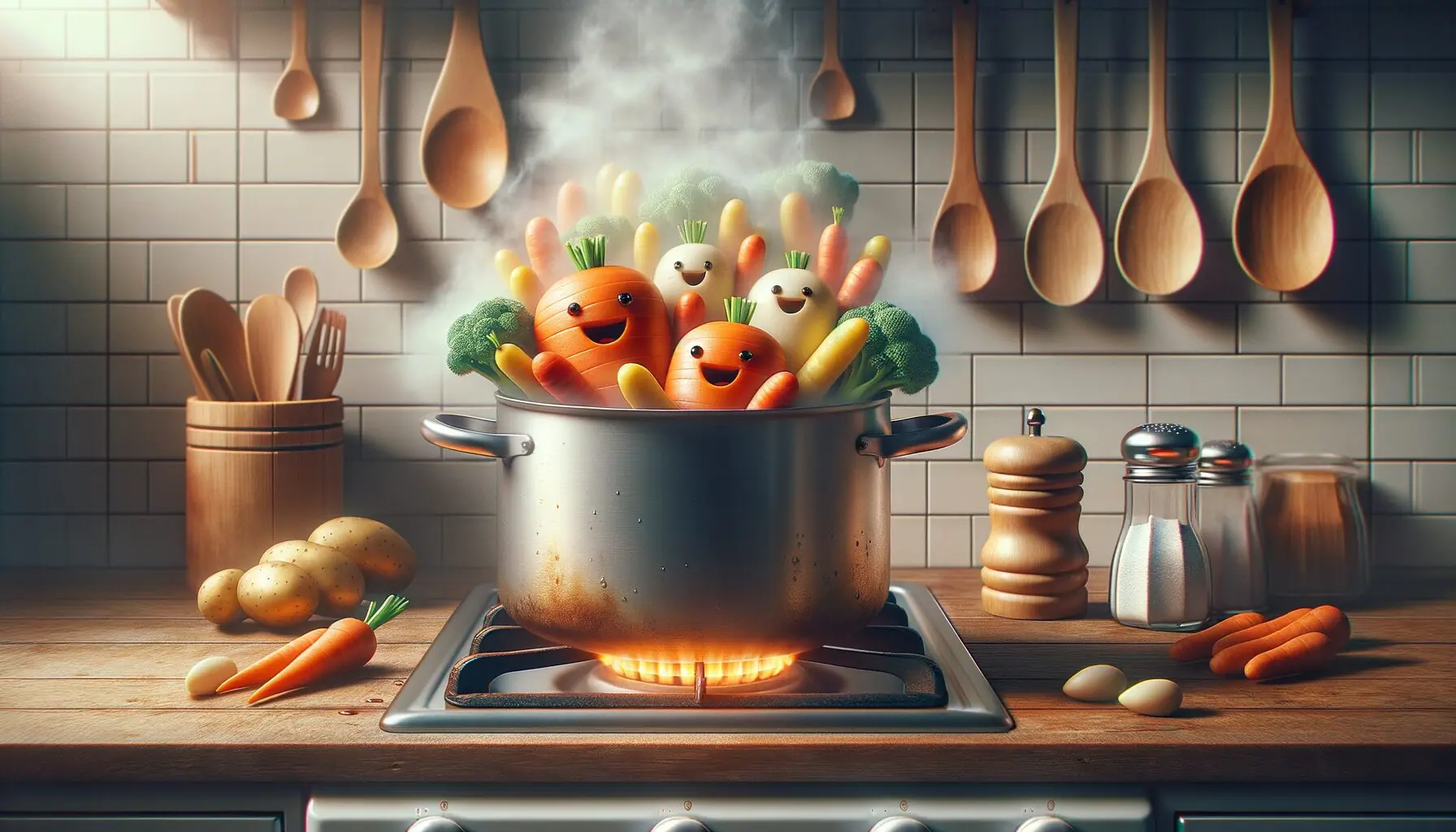 Generate an image of a steaming pot with whimsical veggies like carrots and potatoes cheerfully dancing within.