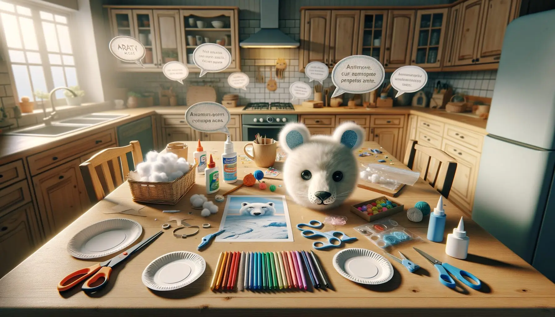 Design a visual showing speech bubbles with fun facts about Arctic animals around paper plate masks.