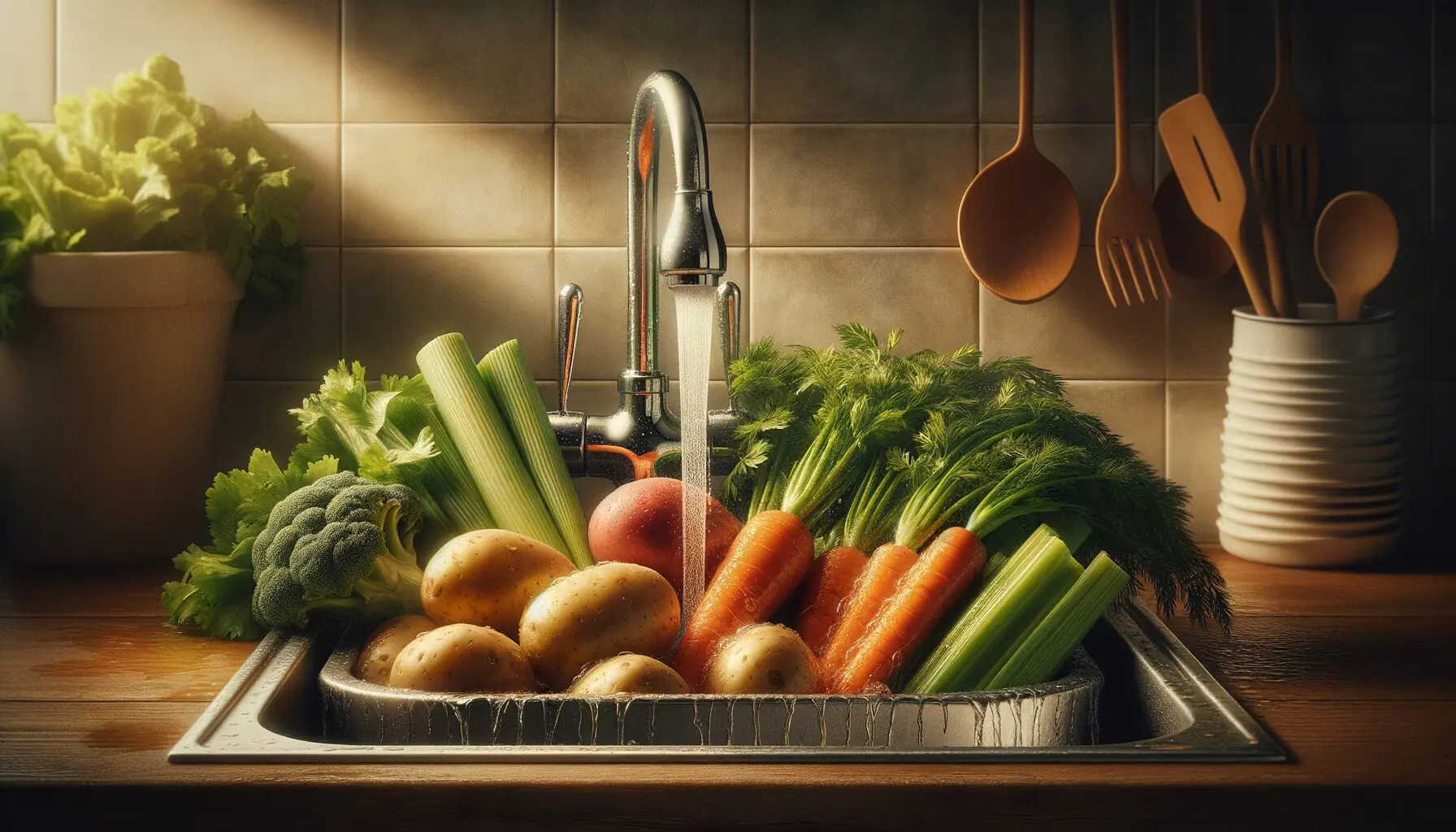 Generate an image of assorted vegetables like carrots, potatoes, and celery being washed in a sink.
