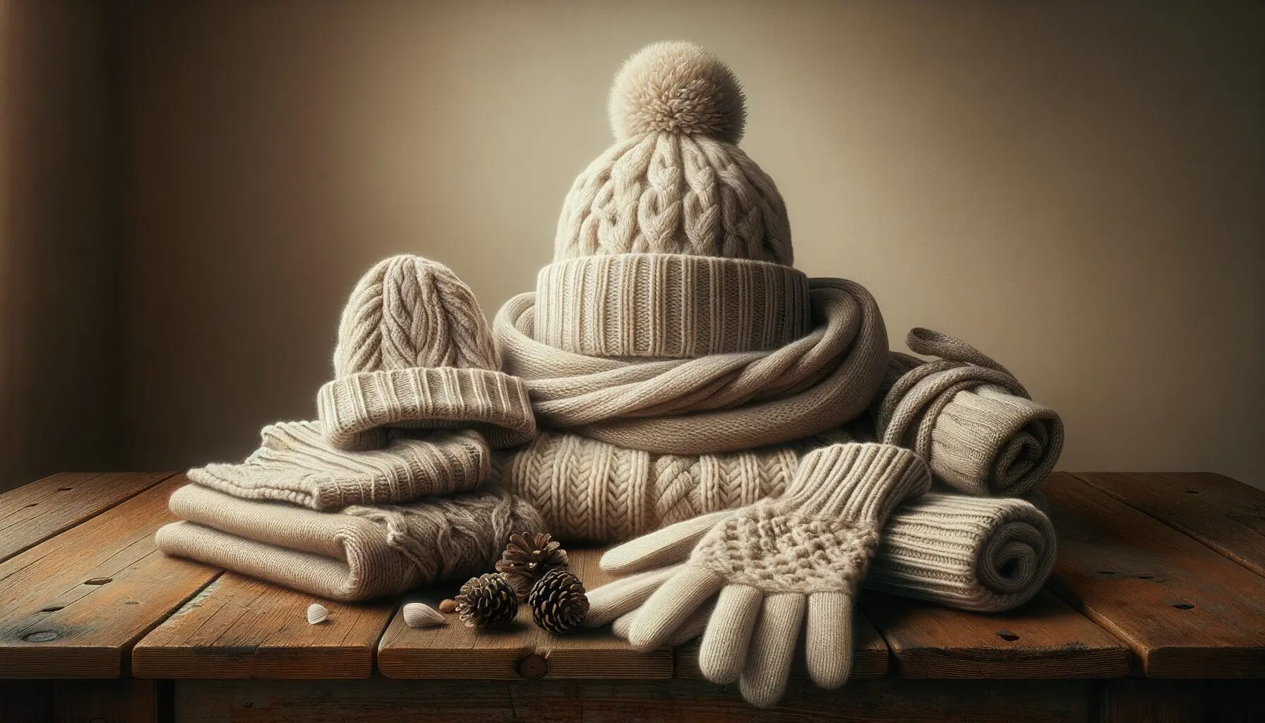 Generate an image of a cozy winter wardrobe with hats, scarves, and gloves neatly arranged.