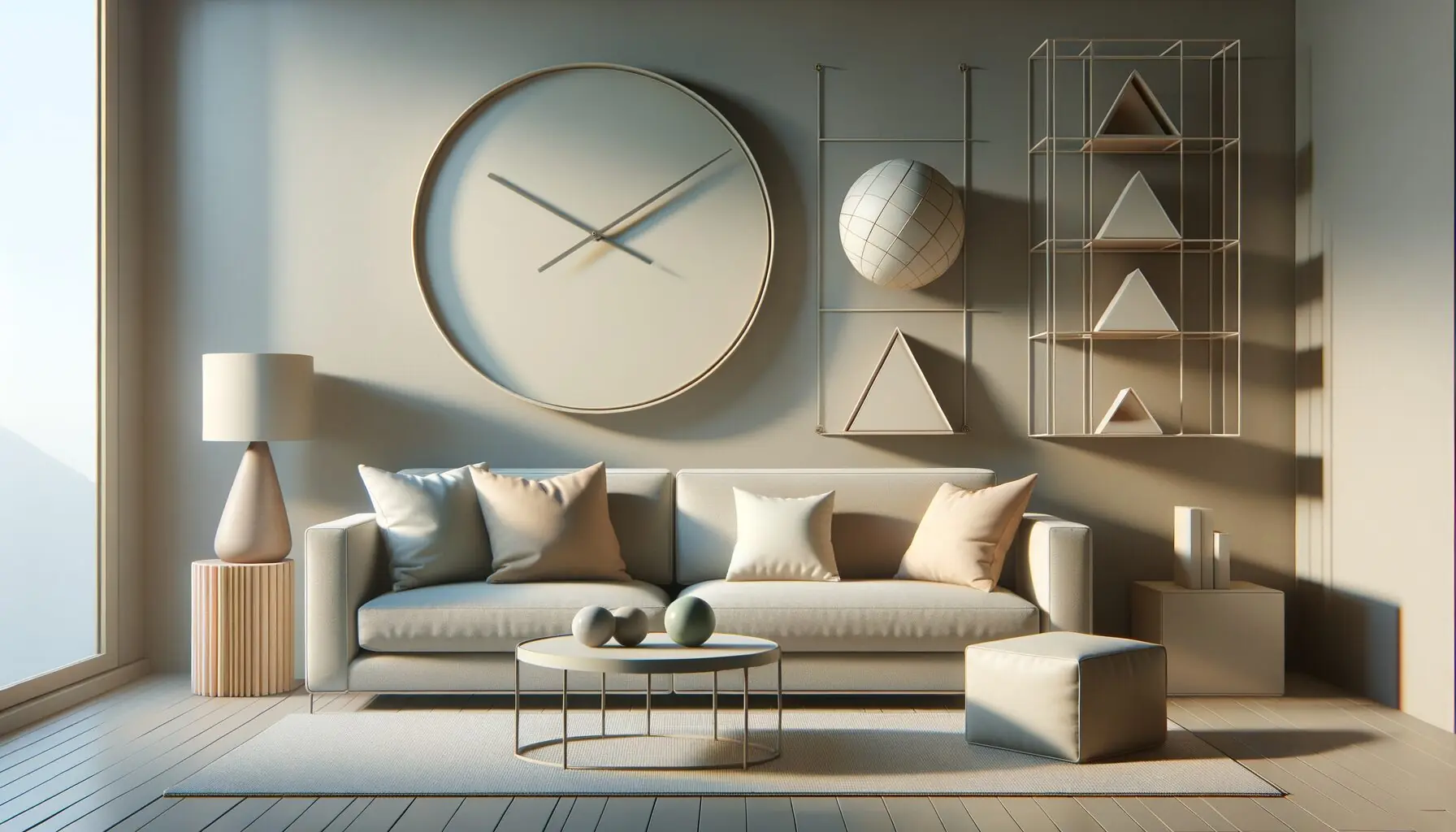 Imagine an inviting living room where a child is embarking on a playful quest to spot different shapes. Picture a large, circular clock hanging on the wall, a soft, square cushion resting on a sofa, and a couple of triangular bookends on a shelf, all smoothly integrating the concept of Geometry and Observation.