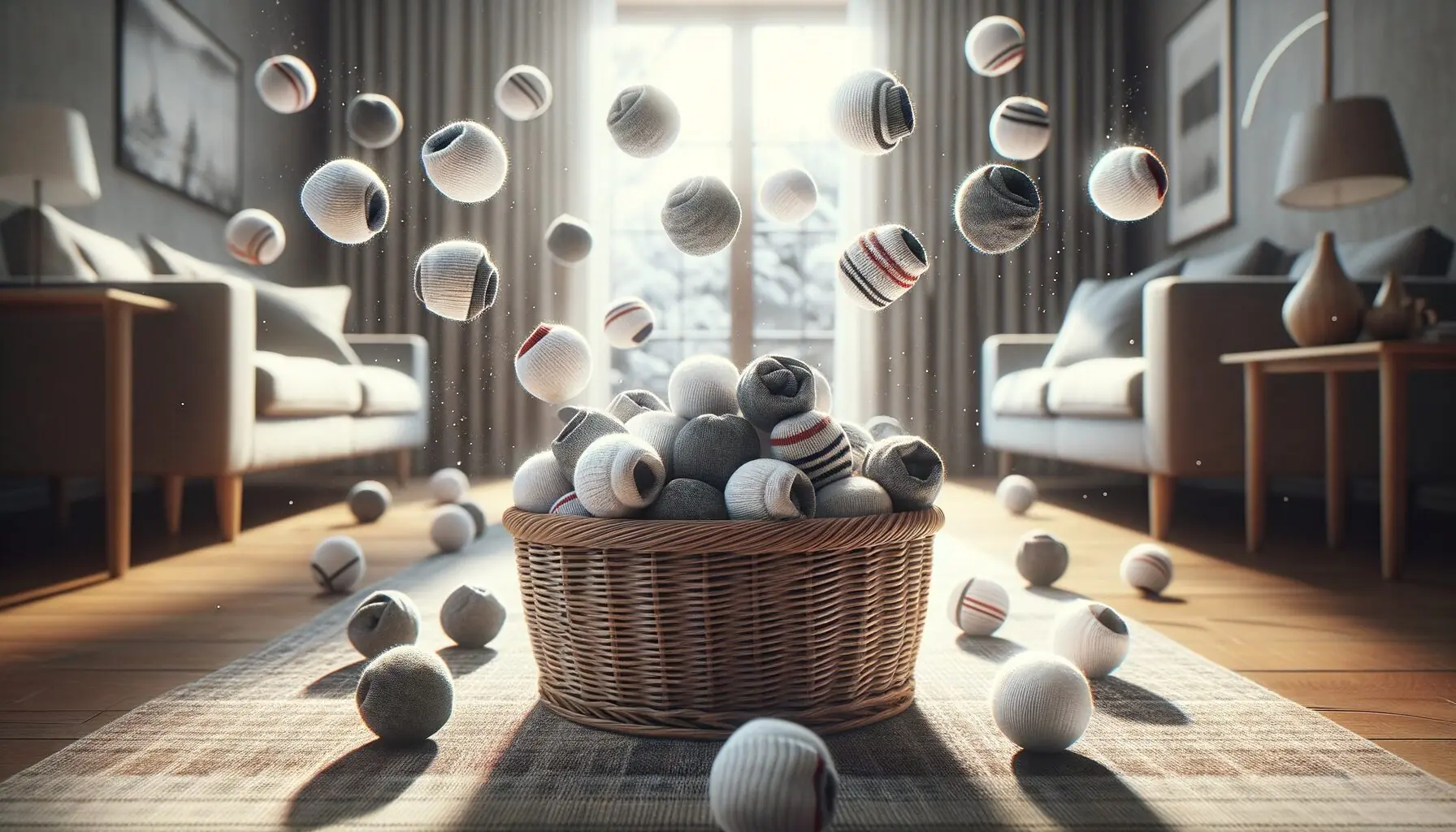 Generate an image of socks flying towards a basket with lines indicating trajectories to show dynamics and strategy.