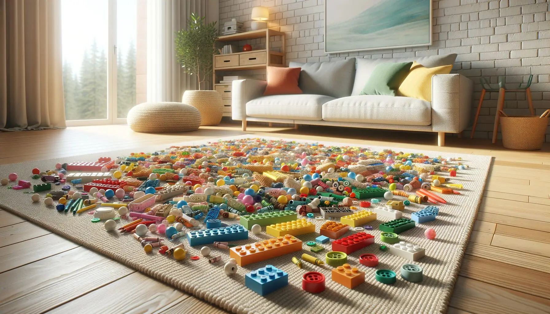 Generate an image of small colorful objects (e.g., Lego pieces, buttons, crayons) against a backdrop of a light winter setting.