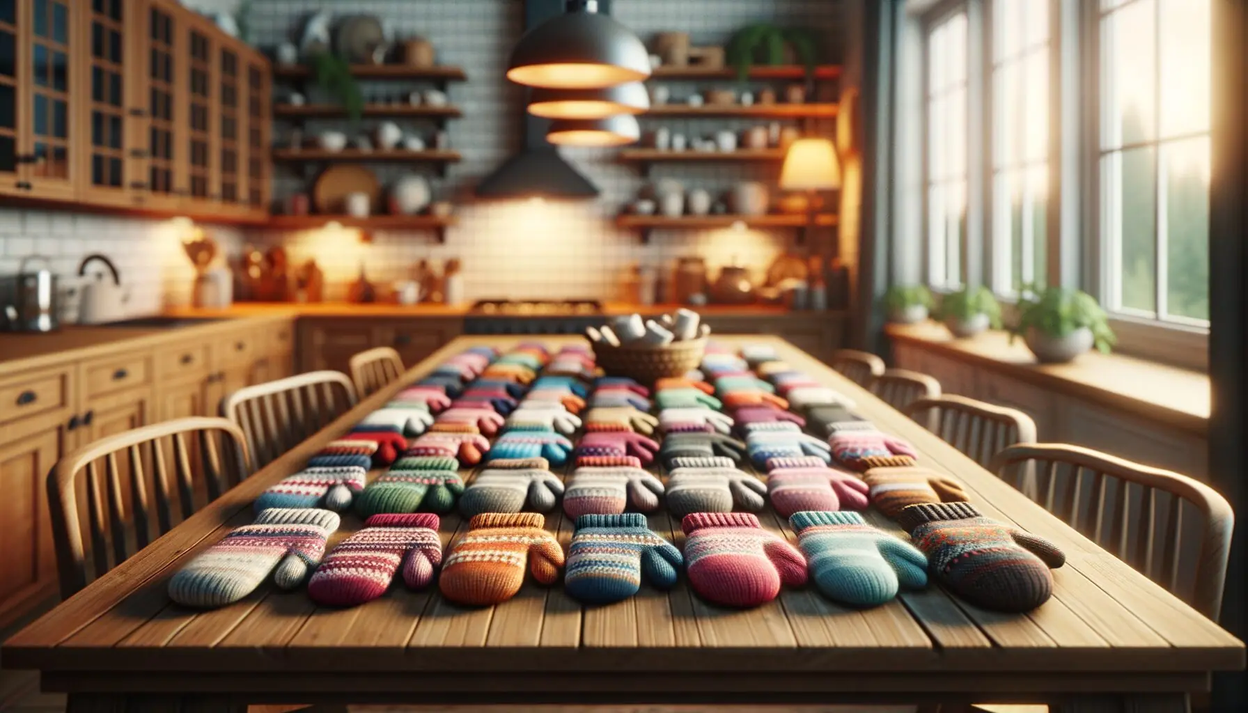 Generate an image depicting a happy child and parent silhouette surrounded by bright, orderly mittens.