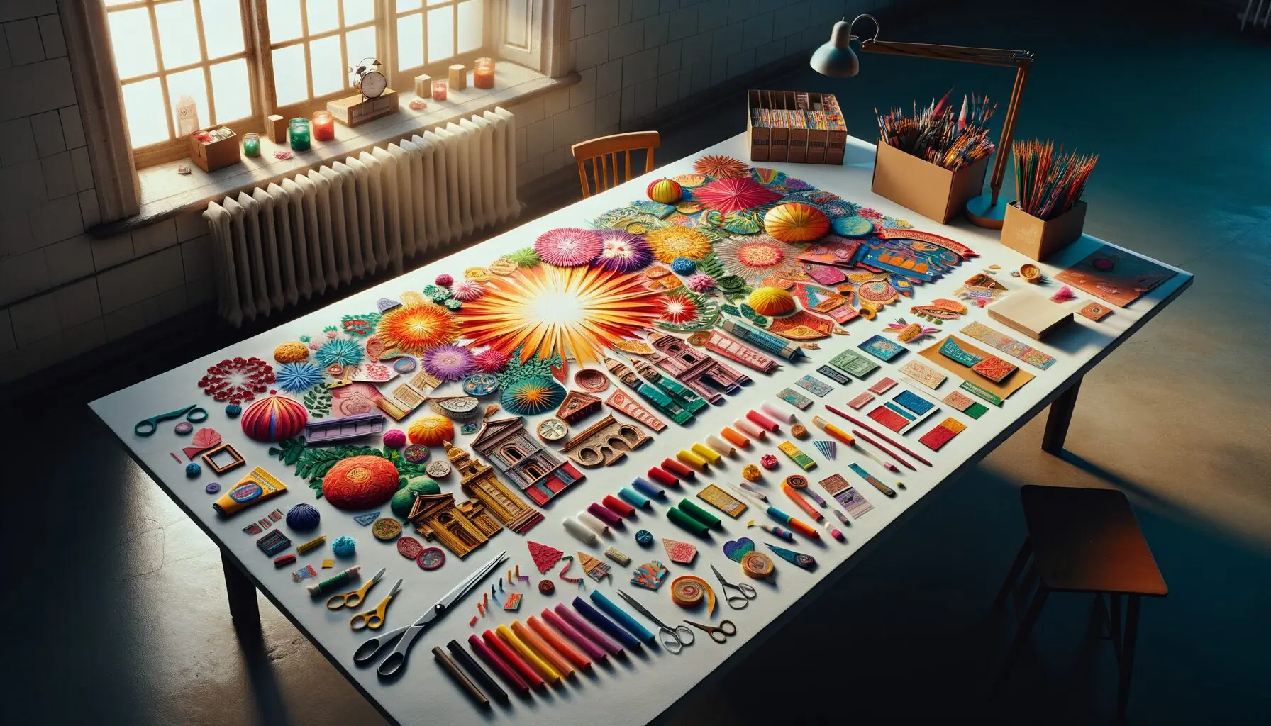 Generate an image of a child and a parent joyfully hanging a colorful banner in a living room.