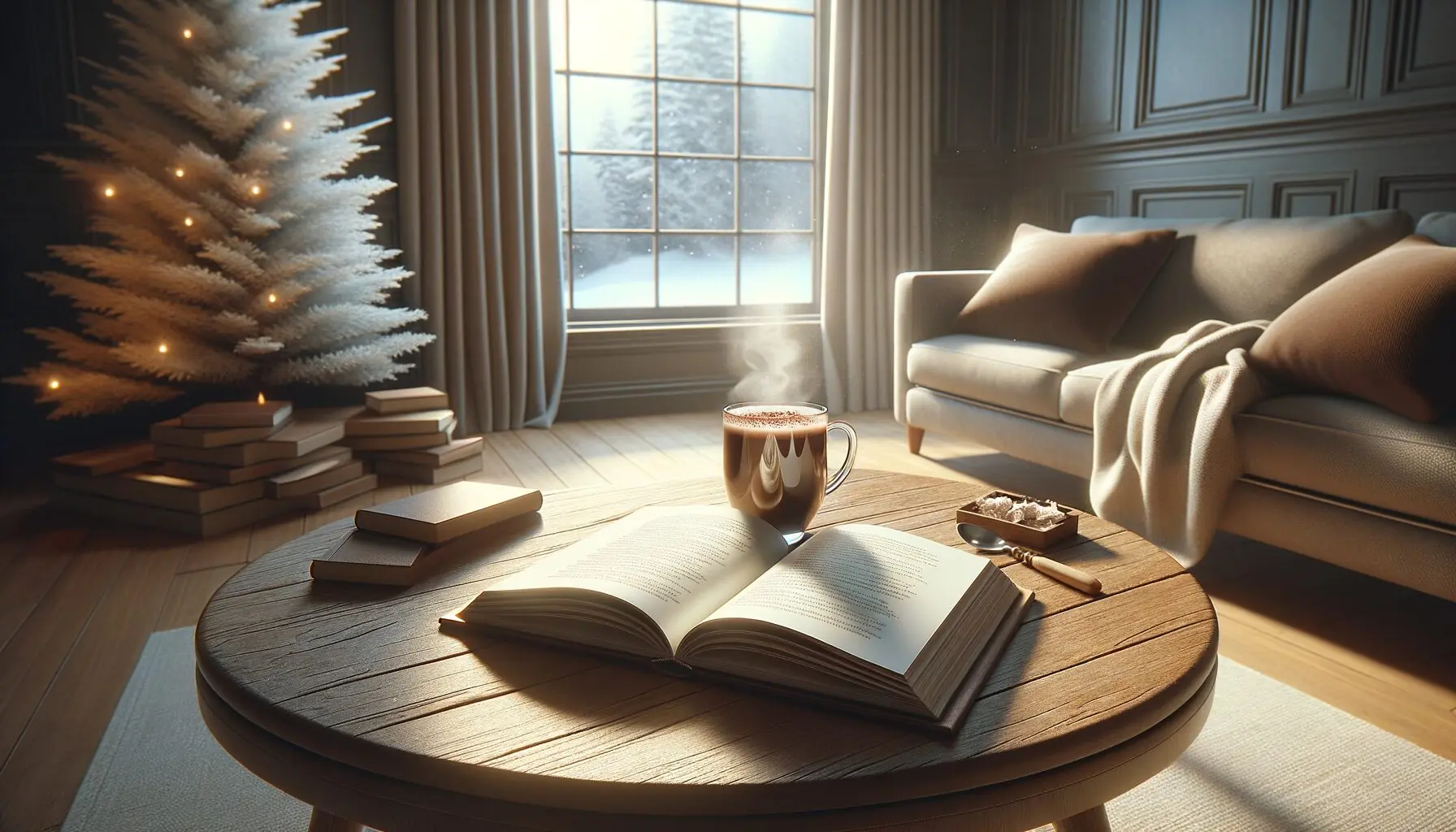 Generate an image of a cozy winter scene with open poetry books and a steaming cup of cocoa.
