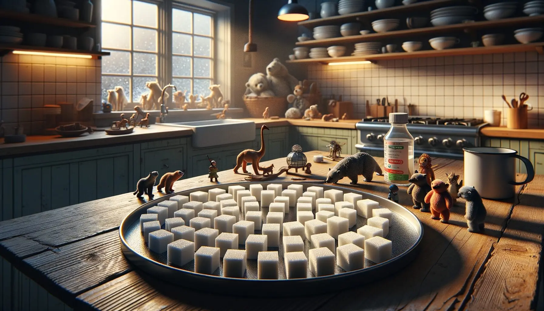 Generate an image of a child-friendly tray with sugar cubes and glue ready for building.